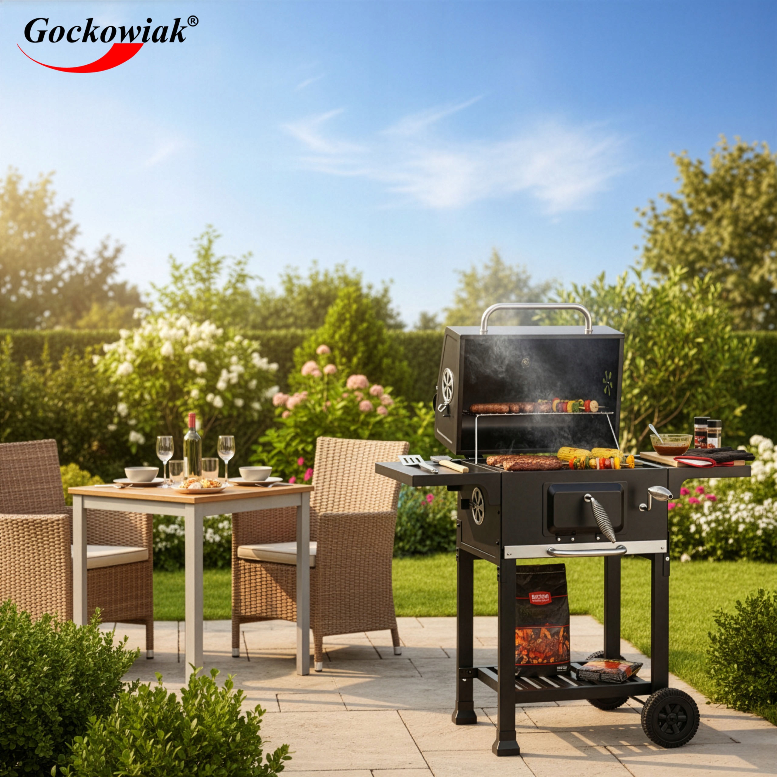 GRILL WĘGLOWY DUŻY ŻELIWNY RUSZT OGRODOWY Z POKRYWĄ POPIELNIK + TERMOMETR Kod producenta 610205MG
