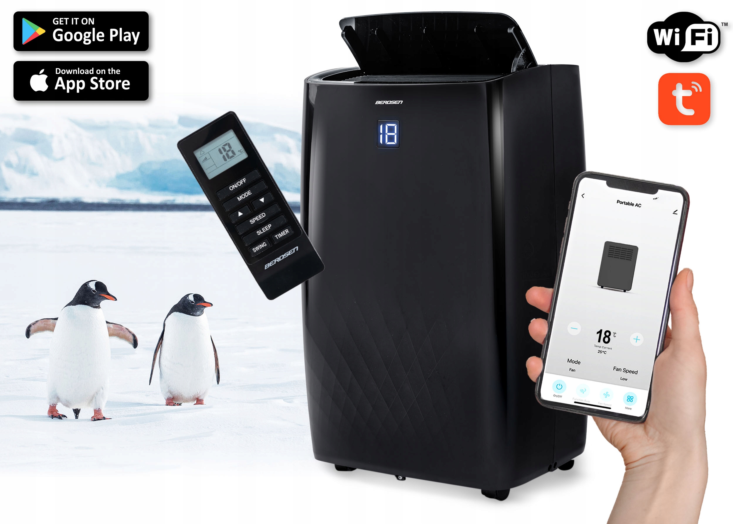 KLIMATYZATOR PRZENOŚNY Berdsen Z FUNKCJĄ GRZANIA 4kW OSUSZACZ 36l/24h WiFi Marka Berdsen