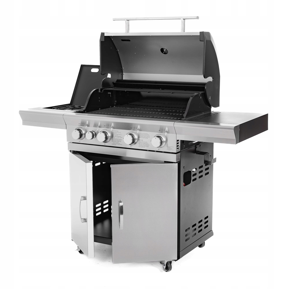 Grill gazowy ogrodowy żeliwny ruszt nierdzewny stal 4+1 17,5kW SilverFlame Cechy dodatkowe kółka nienagrzewający się uchwyt nieprzywierająca powłoka palnik boczny do gotowania pojemnik na tłuszcz pokrywa półka szafka termometr regulacja temperatury wiatrochron miejsce na butlę