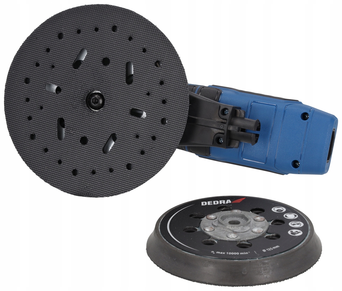 SZLIFIERKA MIMOŚRODOWA OSCYLACYJNA 2 pady 150mm 125mm Regulacja 350W DEDRA Maksymalna prędkość obrotowa 10000 RPM