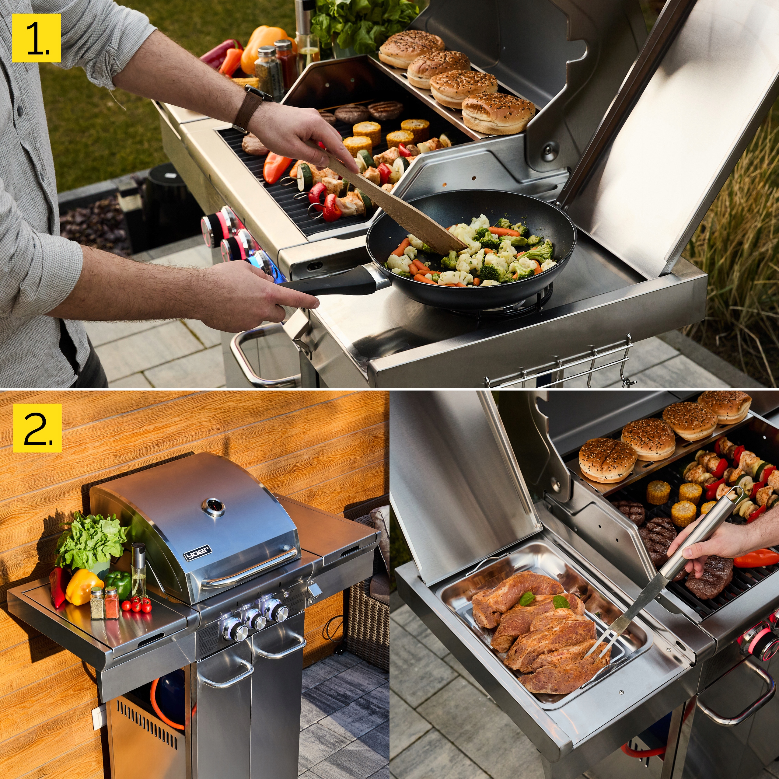 Grill gazowy Ogrodowy ŻELIWNY nierdzewny Yoer 2+1 +10,15 kW +szafa na butlę Długość rusztu 43 cm