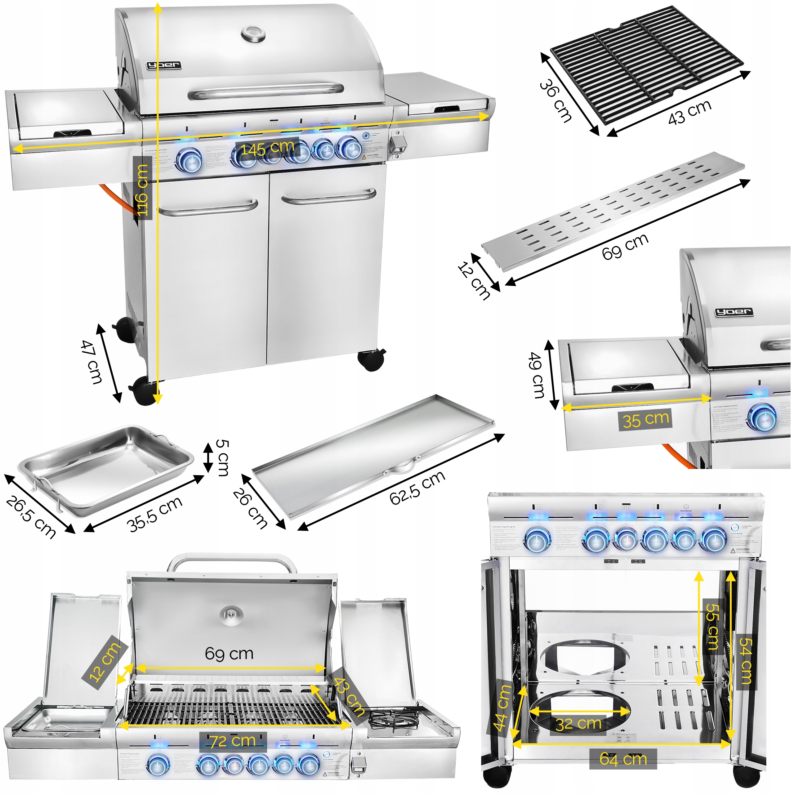 Grill gazowy Ogrodowy ŻELIWNY nierdzewny 4+2 Yoer 21,15 kW +szafka na butlę EAN (GTIN) 5900779771109