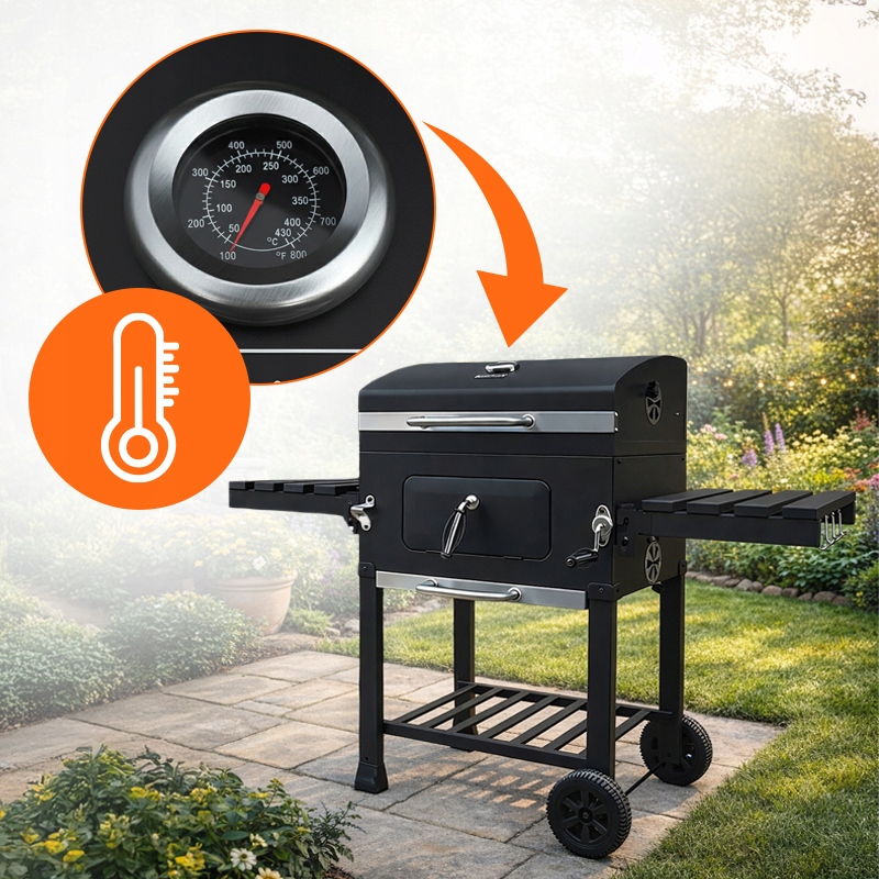 GRILL ZAMYKANY WĘGLOWY OGRODOWY DUŻY POKRYWA PÓŁKI BLAT OTWIERACZ POPIELNIK Wysokość grilla 105 cm
