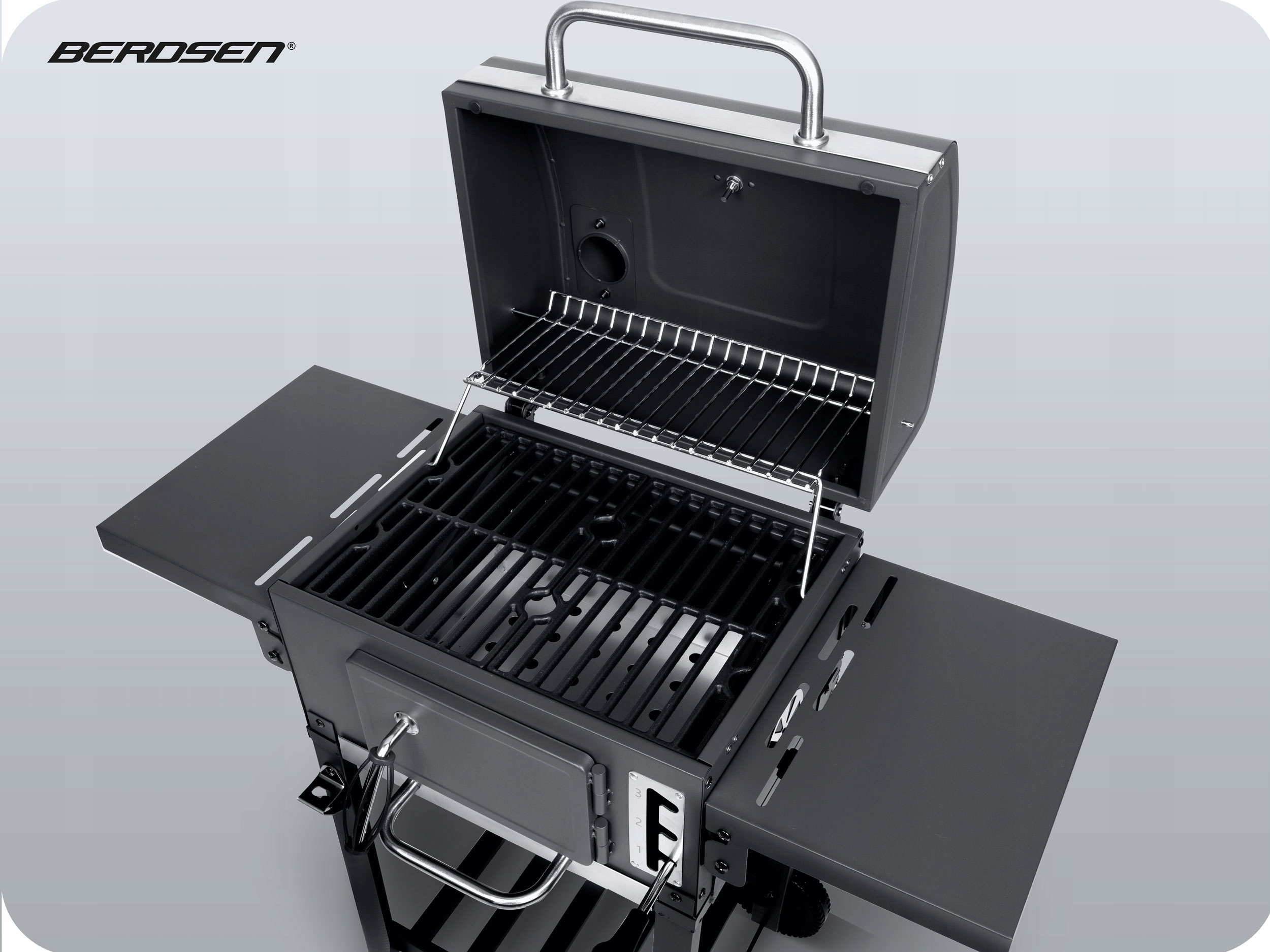 GRILL WĘGLOWY OGRODOWY KOMIN ŻELIWNY RUSZT Z POKRYWĄ POPIELNIK + TERMOMETR Szerokość grilla 96 cm