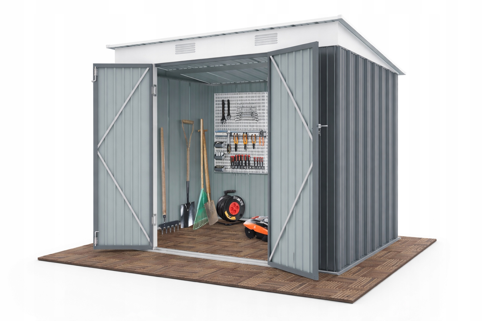 Domek ogrodowy metalowy 2,4x1,8 m Antracyt Riwall PRO RMSP 6x8 garaż szary Szerokość produktu 180 cm