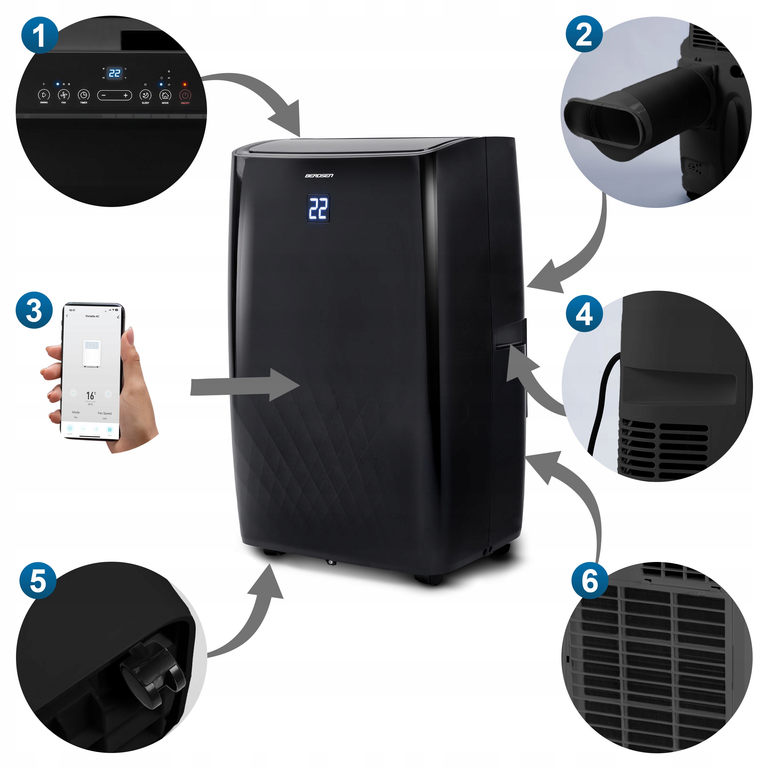 KLIMATYZATOR PRZENOŚNY Berdsen Z FUNKCJĄ GRZANIA 4kW OSUSZACZ 36l/24h WiFi Sterowanie manualne na pilot