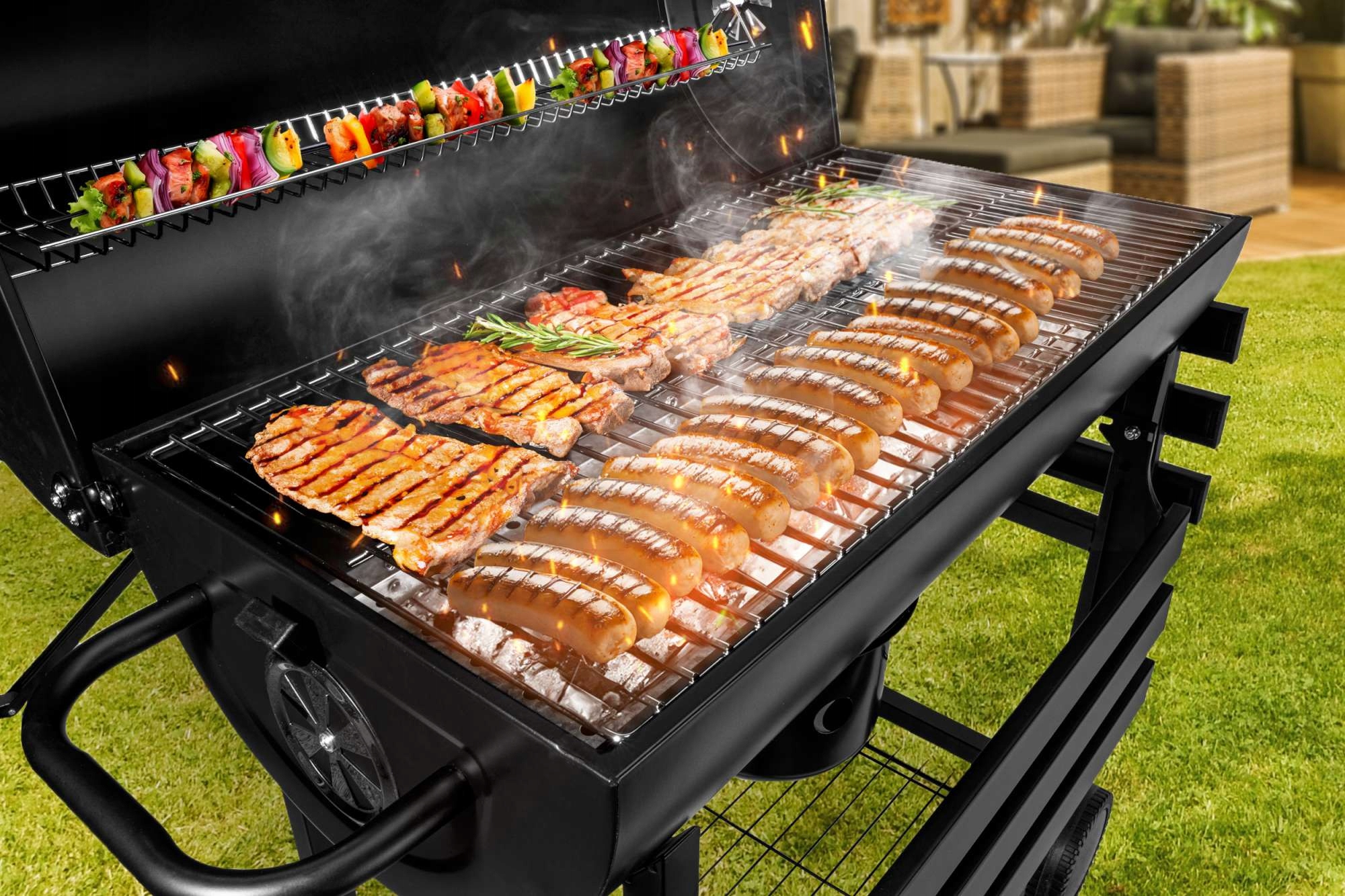 GRILL WĘGLOWY OGRODOWY DUŻY BECZKA Z POKRYWA 2 RUSZTY POPIELNIK TERMOMETR Stan opakowania oryginalne