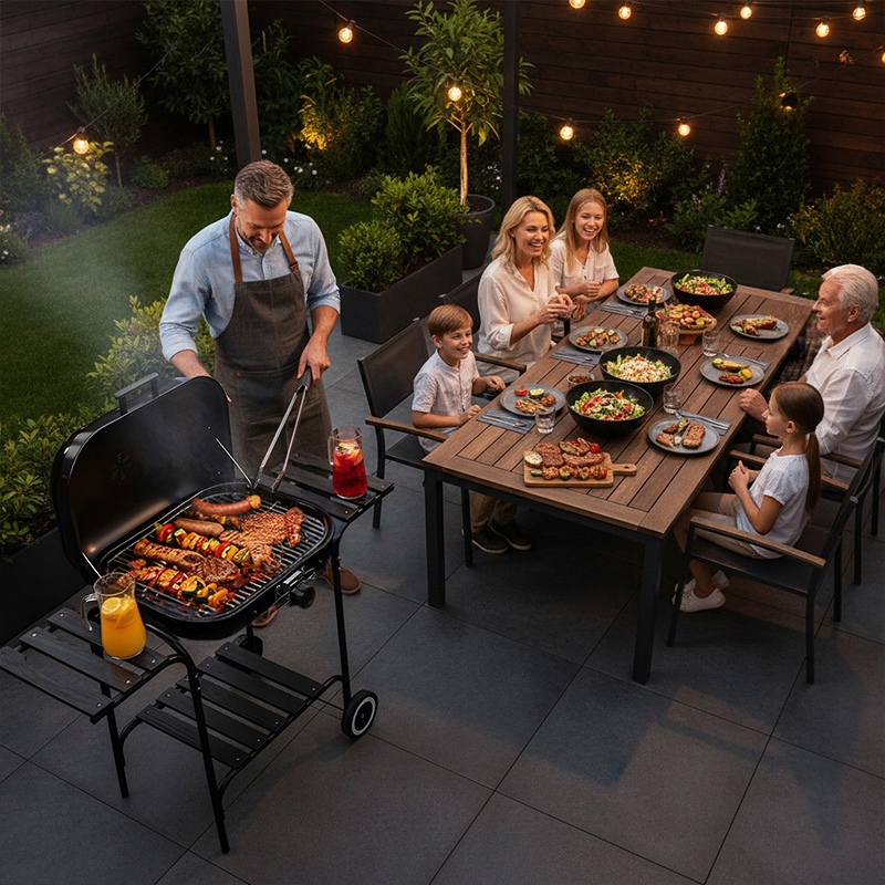 GRILL WĘGLOWY ZAMYKANY OGRODOWY DUŻY Z POKRYWĄ PÓŁKAMI REGULOWANY RUSZT Producent VELACO