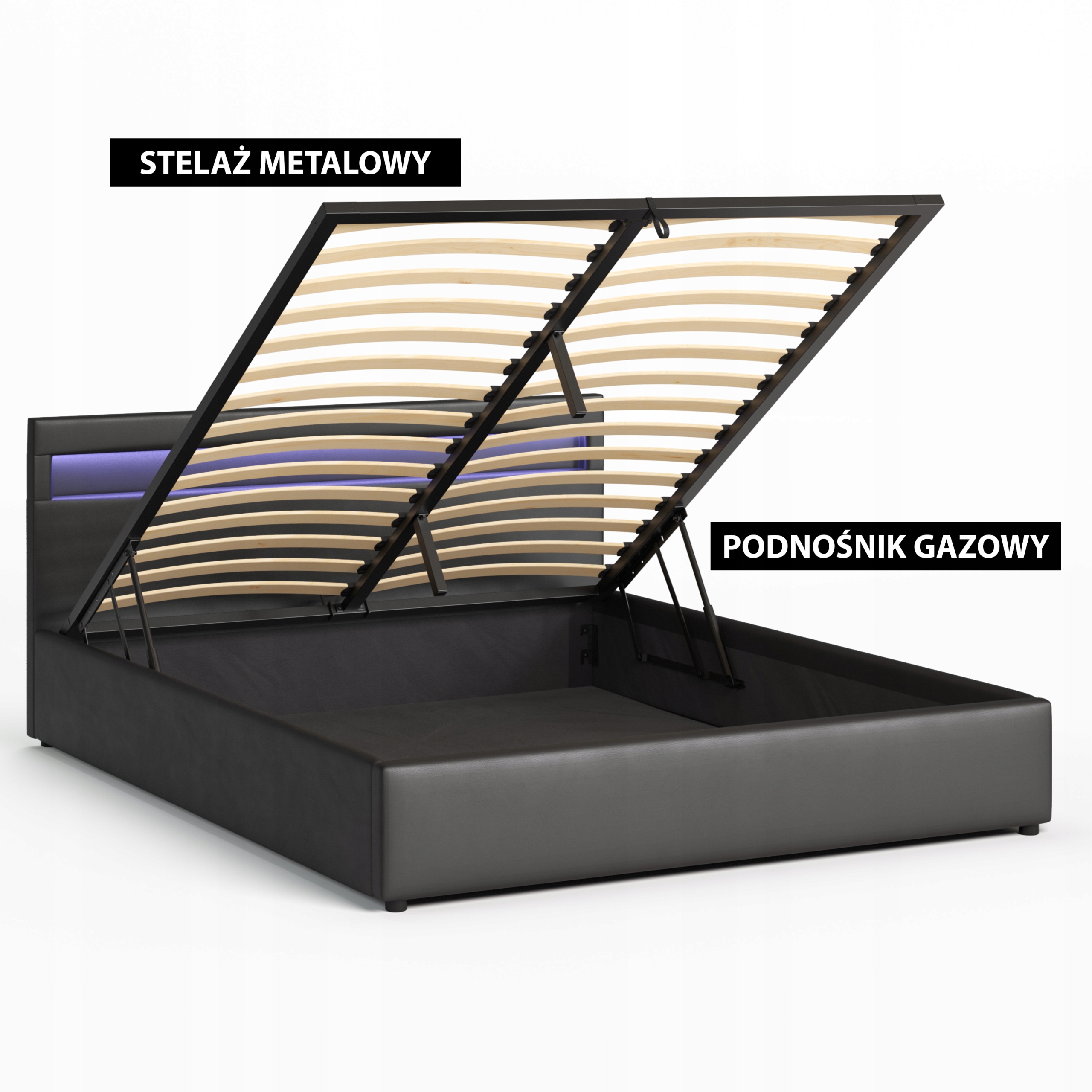 Łóżko 140x200 tapicerowane z pojemnikiem + materac, czarne, LED, od ręki Powierzchnia spania 140x200