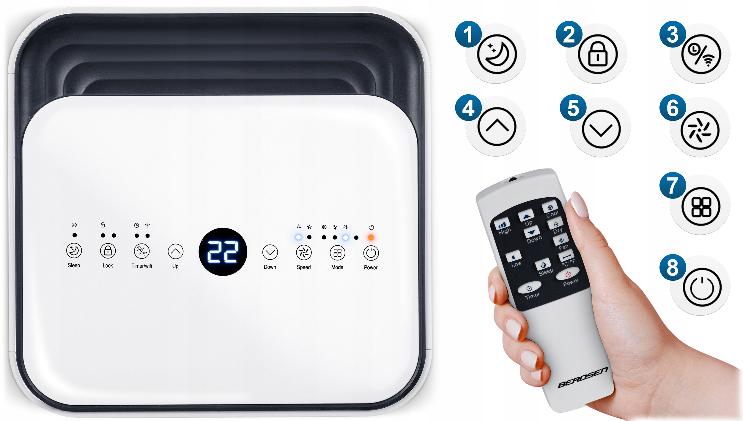 KLIMATYZATOR PRZENOŚNY 2,6kW 30m2 OSUSZACZ 24l/24h WiFi BERDSEN 9000 BTU Zalecana maksymalna wielkość pomieszczenia 40 m²