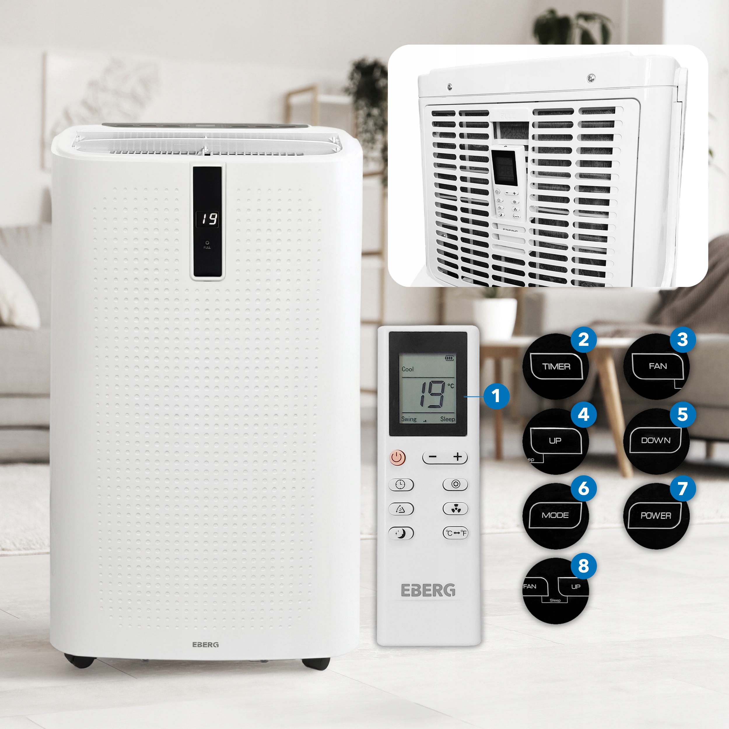 Klimatyzator przenośny EBERG ENVA 3,5kW 3w1 WiFi osuszacz 56l/24h+ClimaLock Sterowanie manualne na pilot