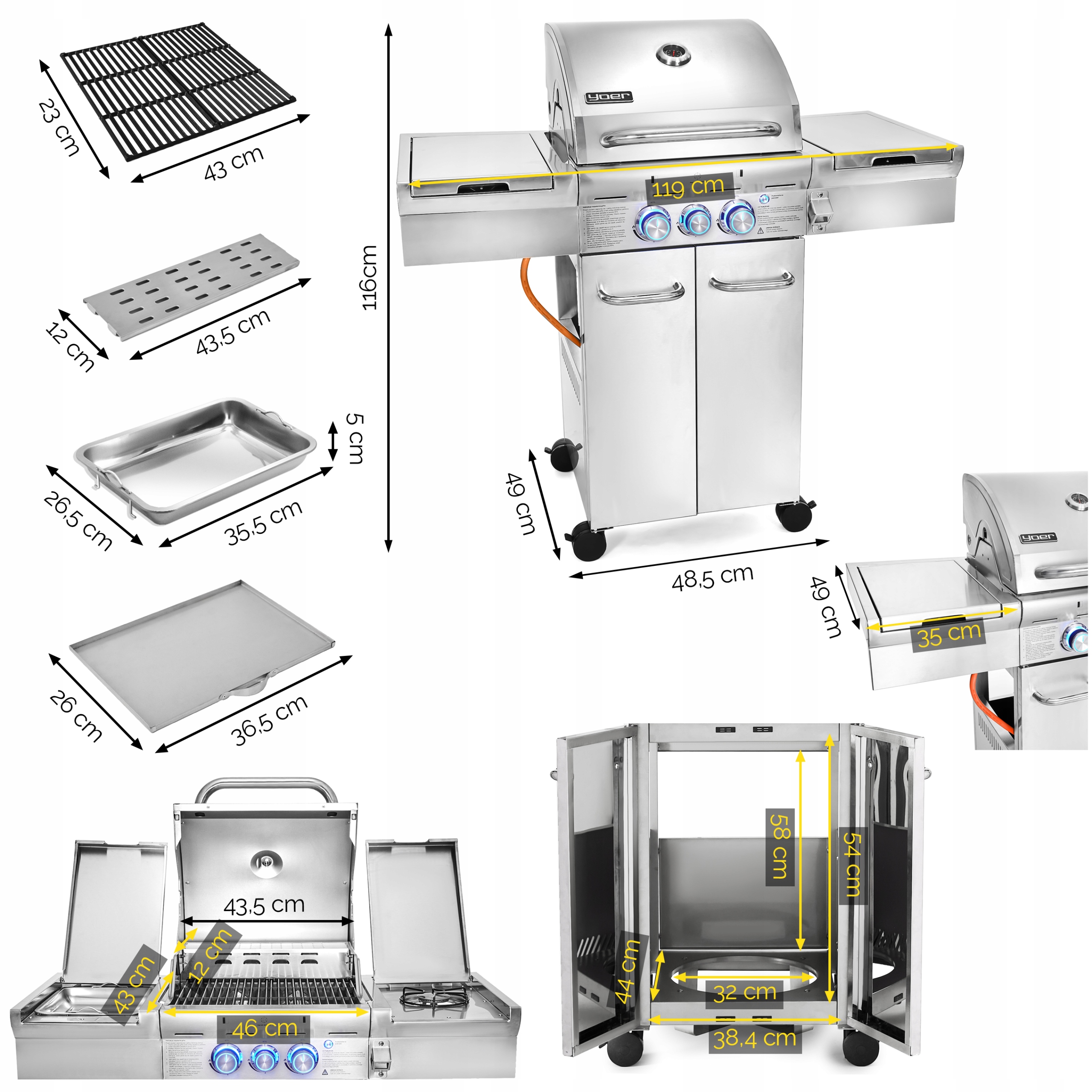 Grill gazowy Ogrodowy ŻELIWNY nierdzewny Yoer 2+1 +10,15 kW +szafa na butlę Waga produktu z opakowaniem jednostkowym 41 kg