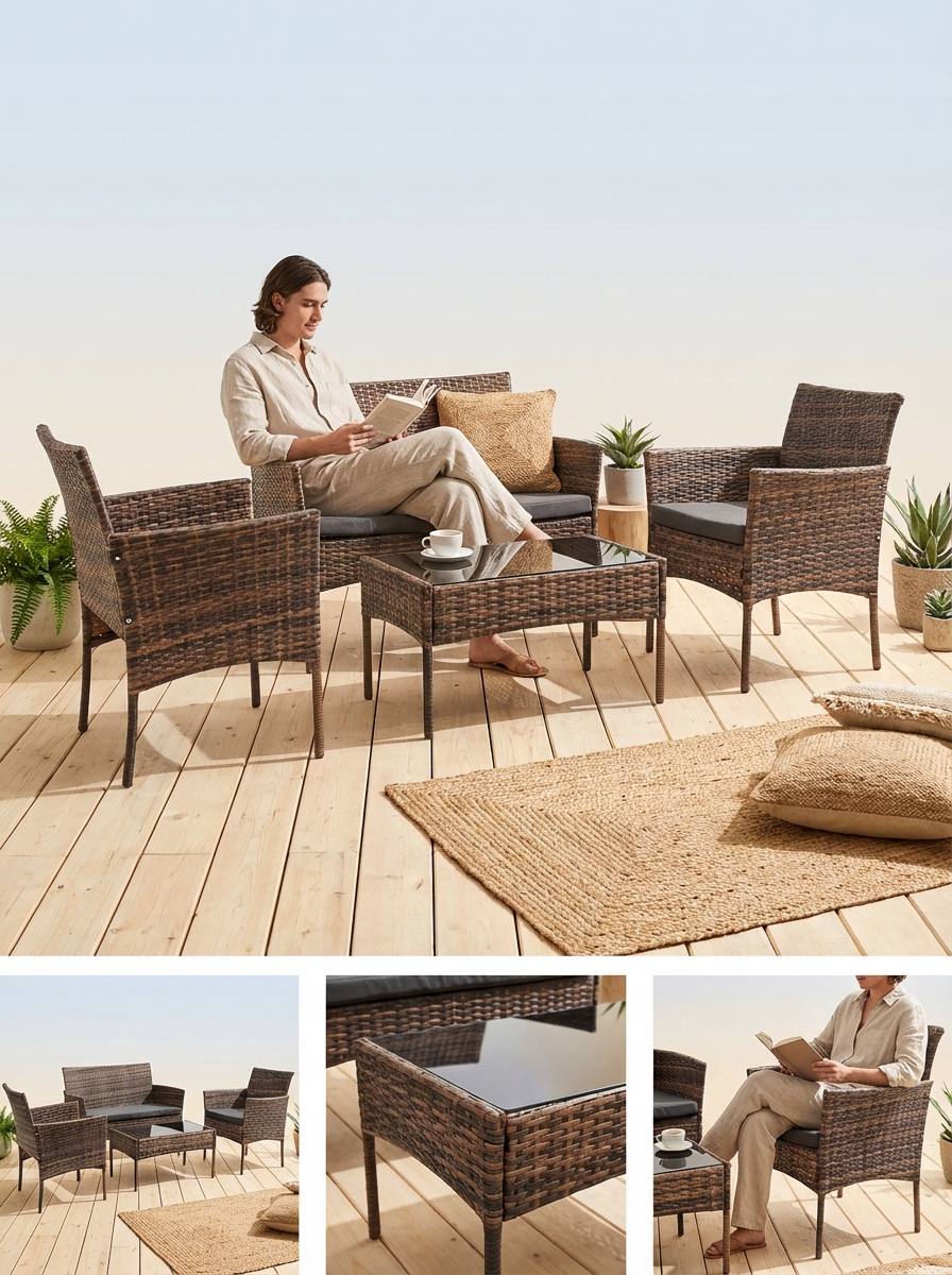 ZESTAW MEBLI OGRODOWYCH SFS010 MTG MEBLE OGRODOWE TECHNORATTAN JASNY BRĄZ Linia Ideal Garden