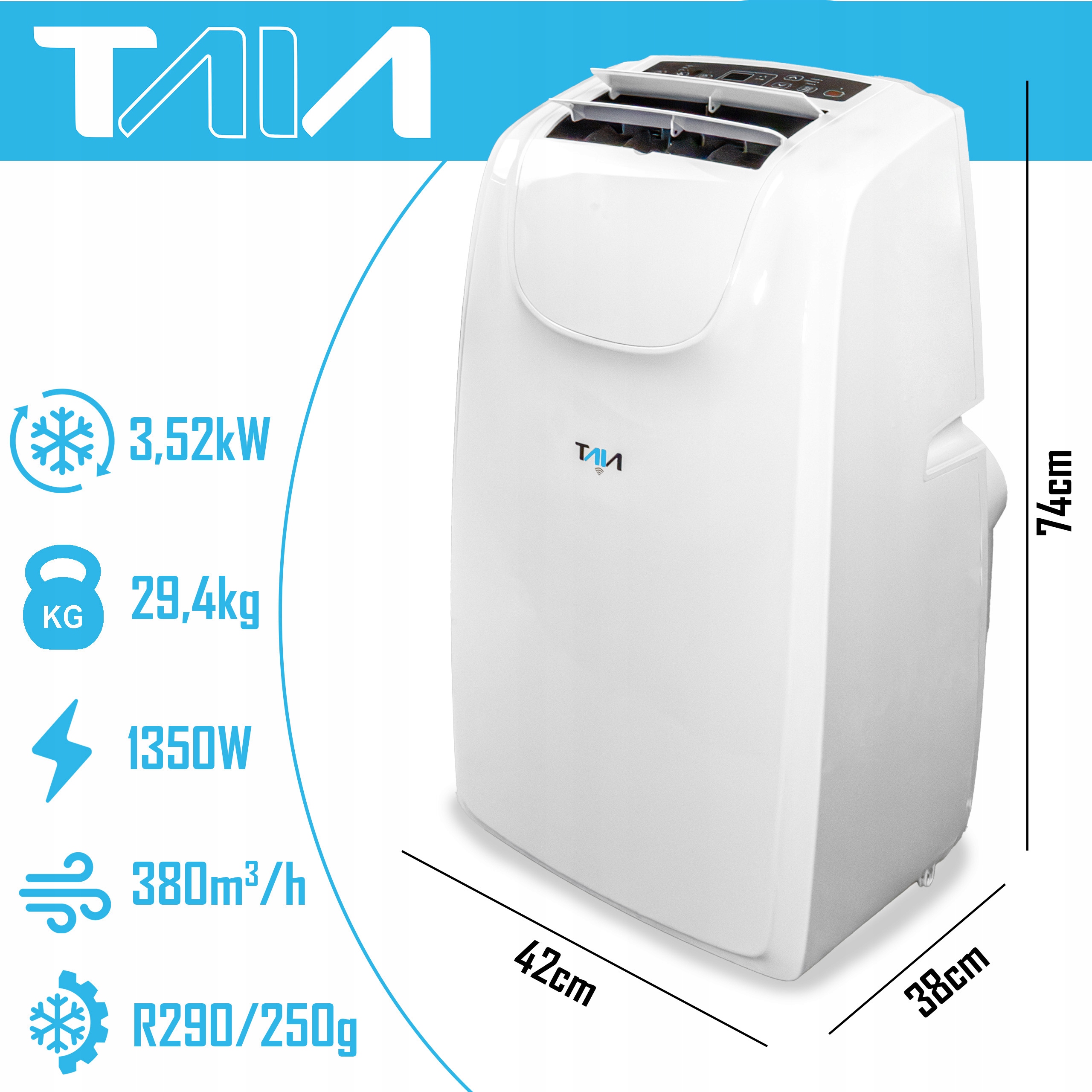 POTĘŻNY KLIMATYZATOR PRZENOŚNY WIFI 3,52 kW OSUSZACZ 58 l/h 9W1 +USZCZELKA Marka TAIA