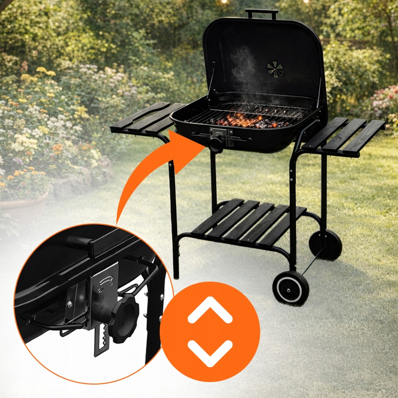 GRILL WĘGLOWY ZAMYKANY OGRODOWY DUŻY Z POKRYWĄ PÓŁKAMI REGULOWANY RUSZT Długość rusztu 51 cm