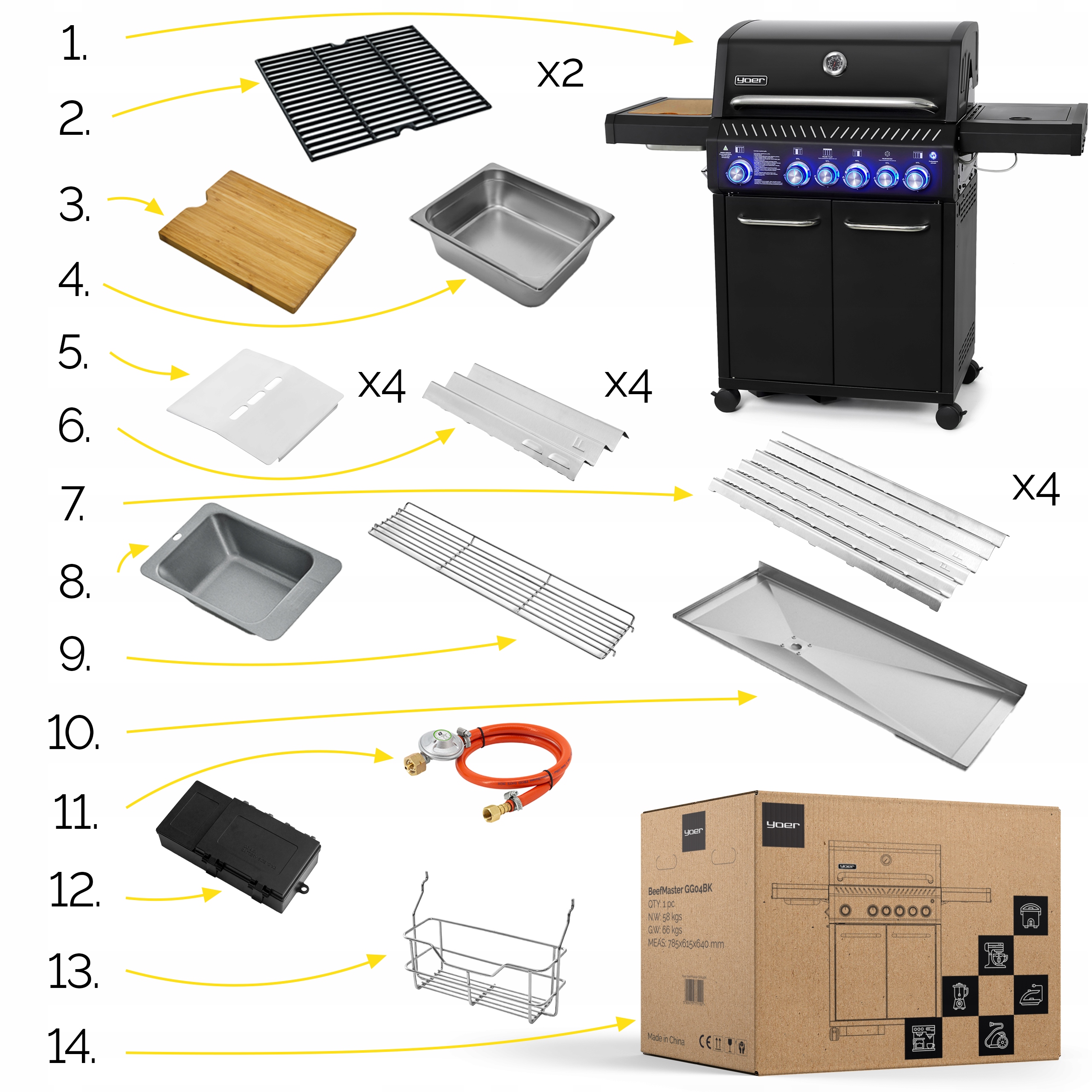 Grill gazowy Ogrodowy ŻELIWNY nierdzewny 4+2 Yoer 21,15 kW +szafka na butlę EAN (GTIN) 5900779771192