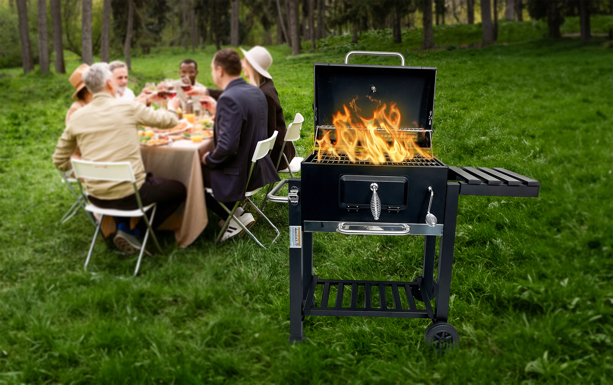 GRILL WĘGLOWY XXL PODWÓJNY RUSZT POKRYWA POPIELNIK TERMOMETR BBQ 1011 Cechy dodatkowe kółka pokrywa półka regulacja rusztu system regulacji temperatury termometr wędzarnia