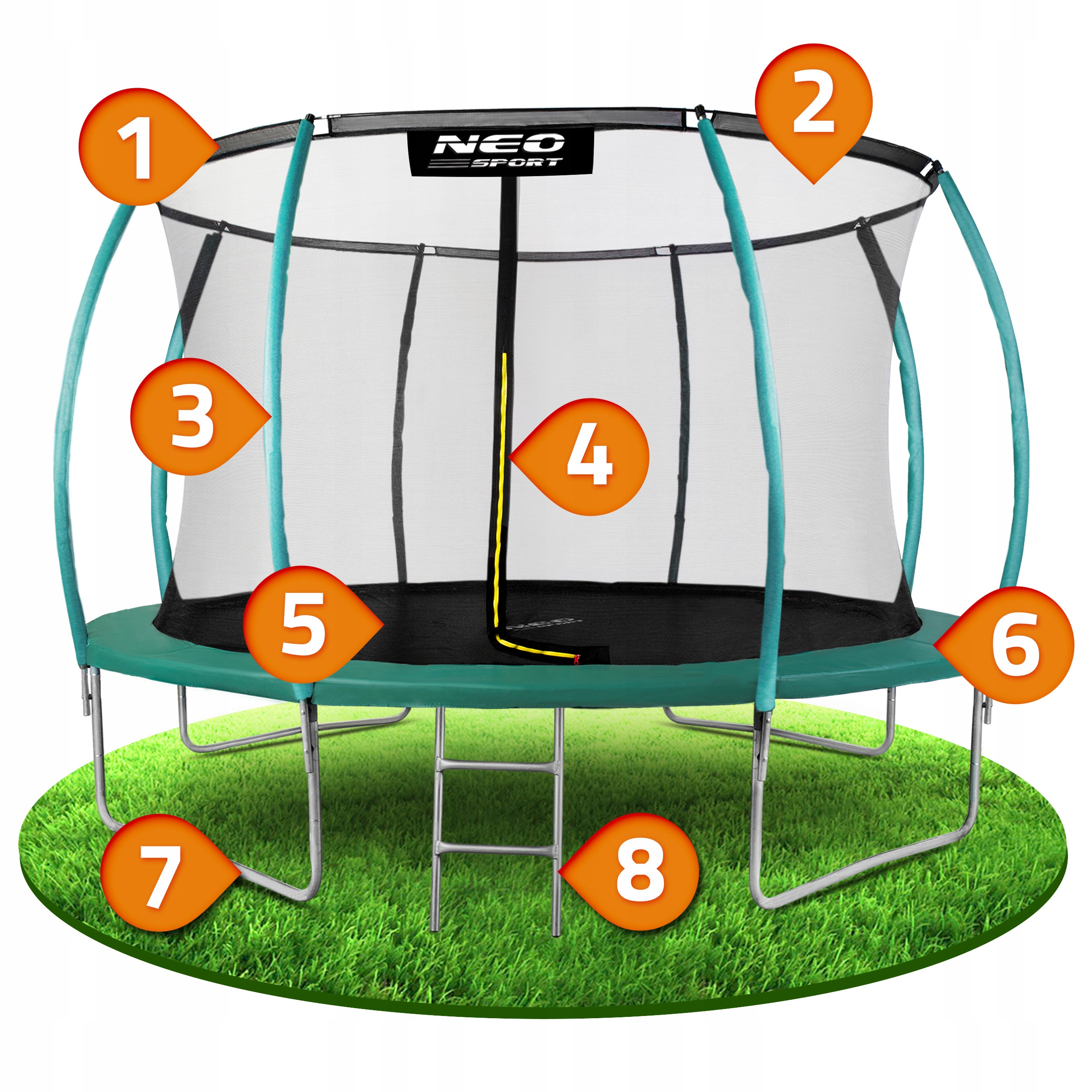 TRAMPOLINA OGRODOWA DLA DZIECI DRABINKA 374cm 12ft Wysokość całkowita 250 cm