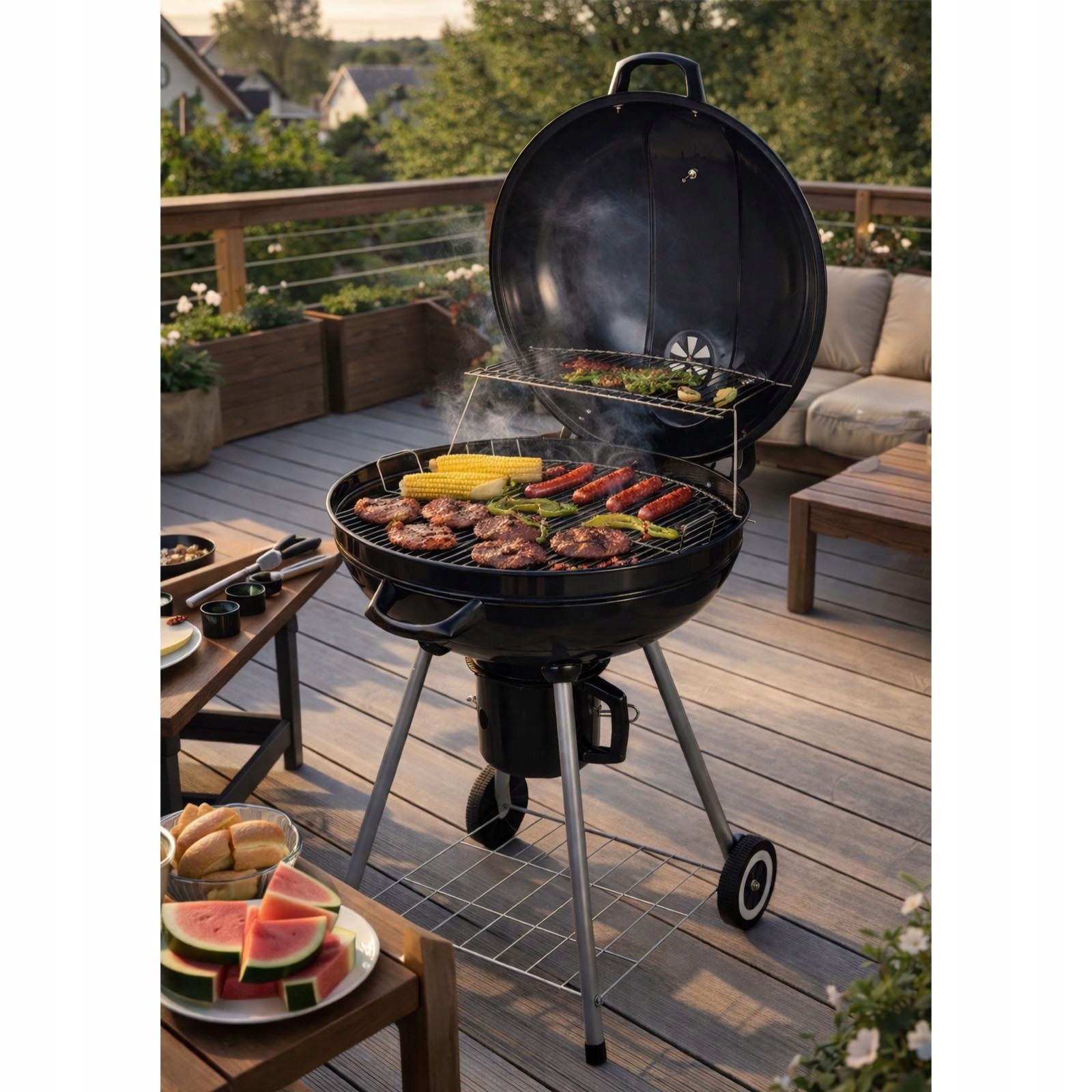 GRILL OGRODOWY WĘGLOWY OKRĄGŁY Z POKRYWĄ Z RUSZTEM TERMOMETR CZARNY LIDO Szerokość rusztu 55 cm