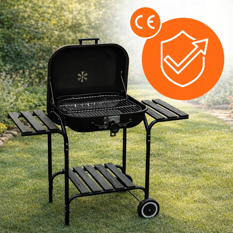 GRILL WĘGLOWY ZAMYKANY OGRODOWY DUŻY Z POKRYWĄ PÓŁKAMI REGULOWANY RUSZT Szerokość rusztu 48 cm