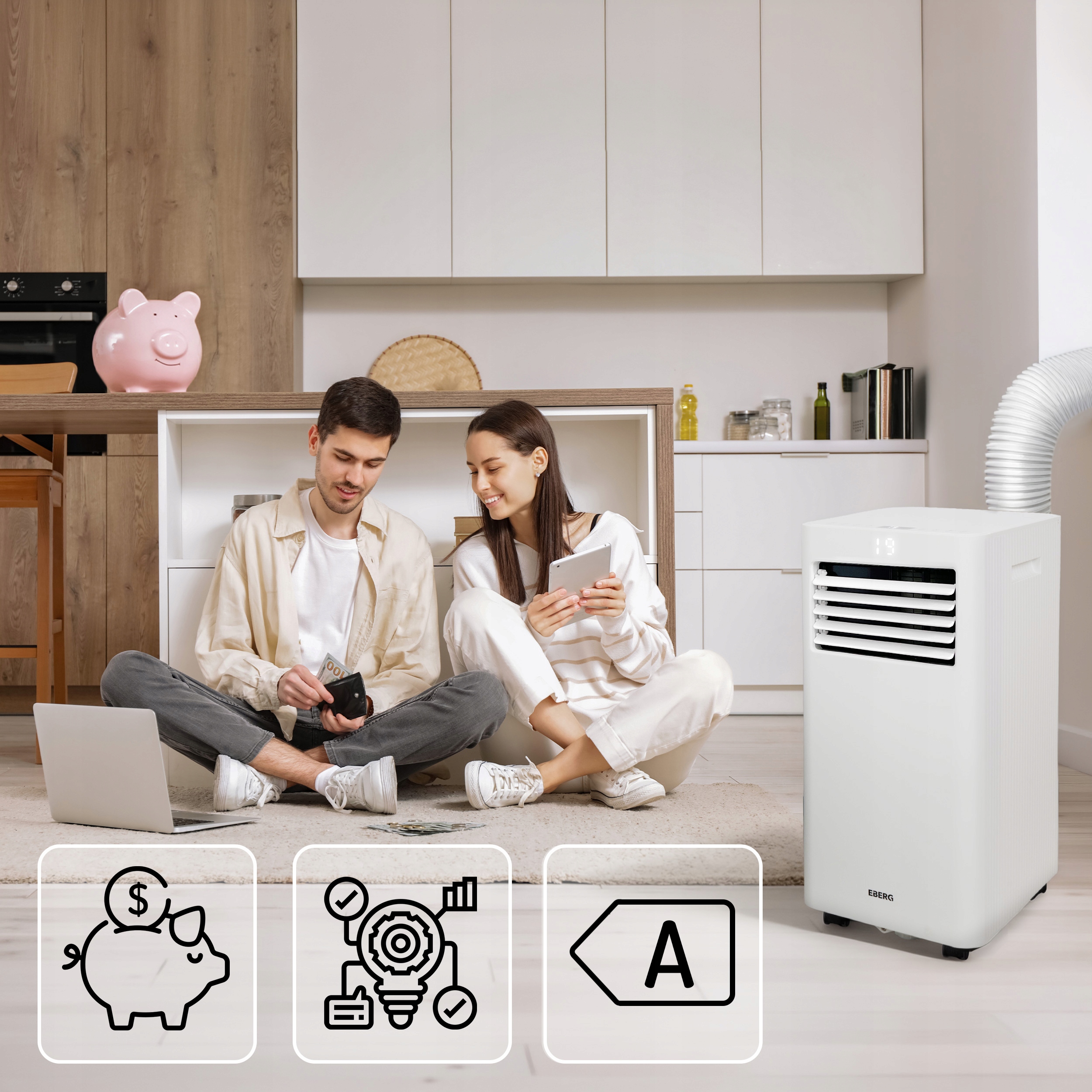 Klimatyzator przenośny osuszacz powietrza EBERG RIO 3kW 2xLED WiFi 24l/24h Moc chłodzenia 2930 W