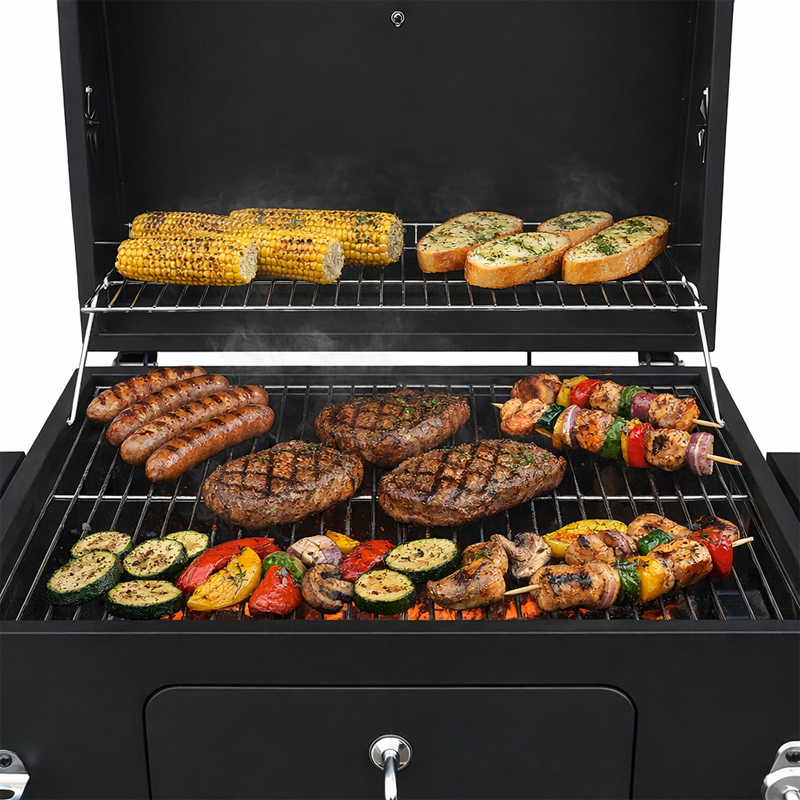 GRILL ZAMYKANY WĘGLOWY OGRODOWY DUŻY POKRYWA PÓŁKI BLAT OTWIERACZ POPIELNIK Producent VELACO