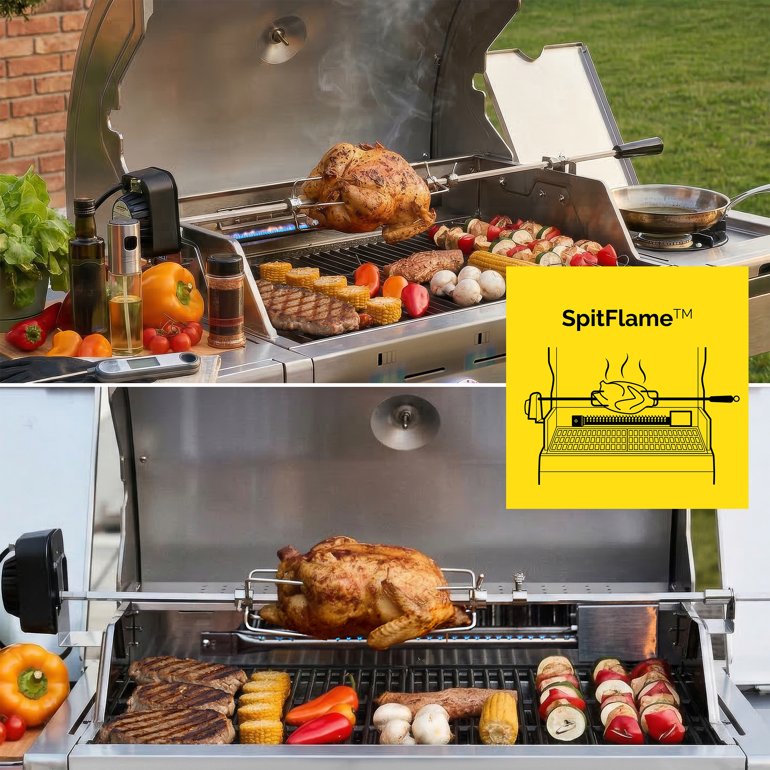 Grill gazowy Ogrodowy ŻELIWNY nierdzewny 4+2 Yoer 21,15 kW +szafka na butlę Cechy dodatkowe kółka nienagrzewający się uchwyt palnik boczny do gotowania pojemnik na tłuszcz pokrywa półka szafka termometr wiatrochron