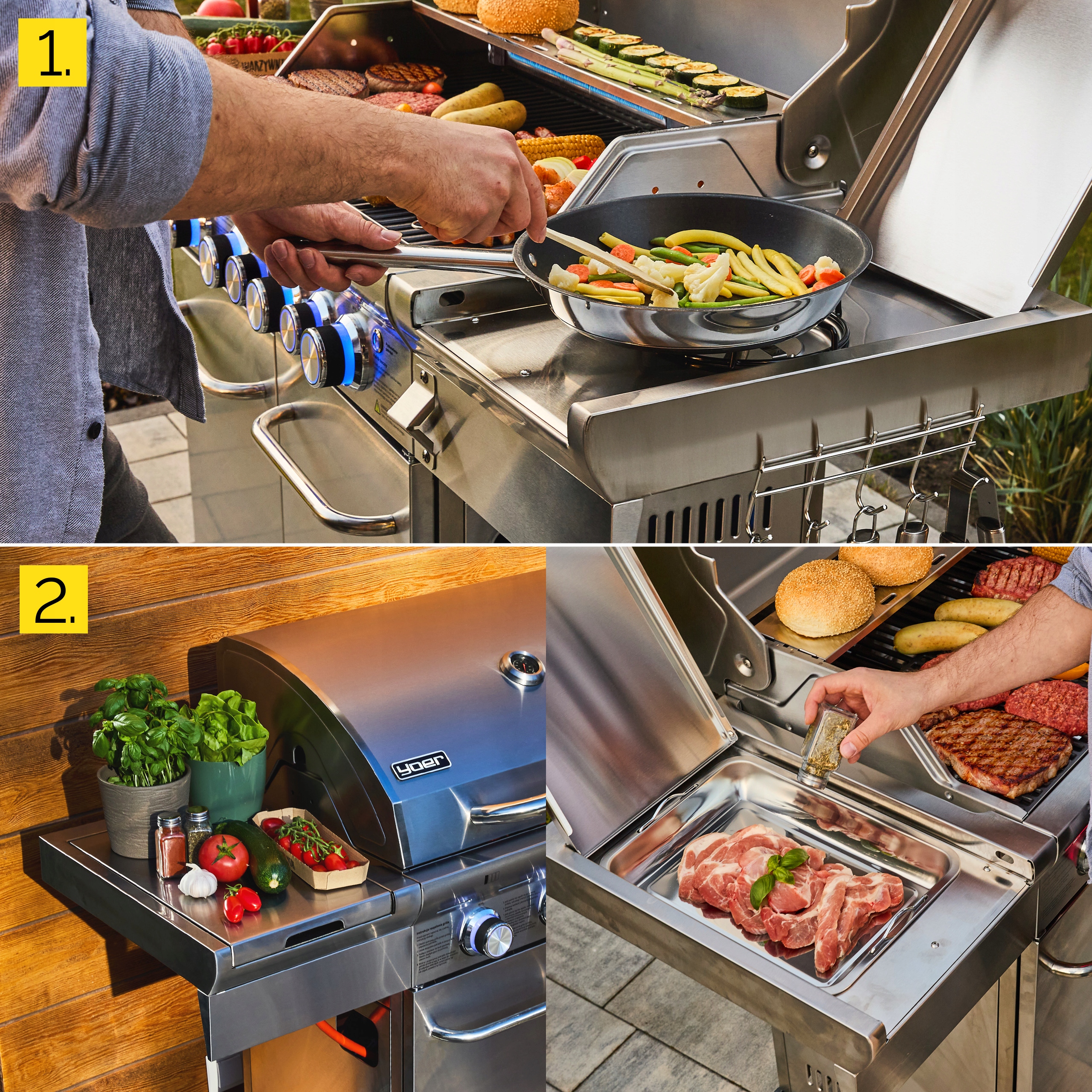 Grill gazowy Ogrodowy ŻELIWNY nierdzewny 4+2 Yoer 21,15 kW +szafka na butlę Szerokość rusztu 43 cm
