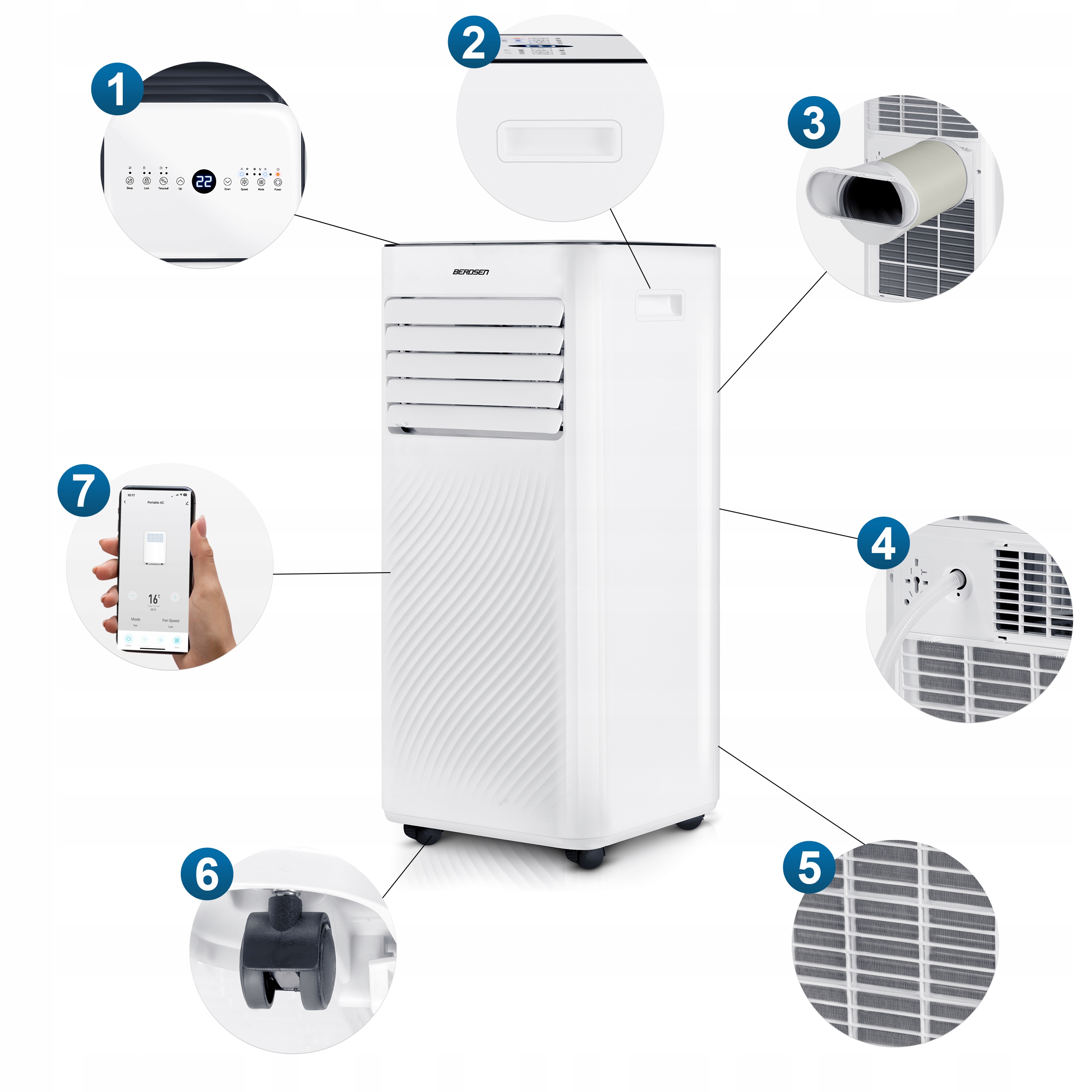 KLIMATYZATOR PRZENOŚNY 2,6kW 30m2 OSUSZACZ 24l/24h WiFi BERDSEN 9000 BTU Sterowanie manualne na pilot