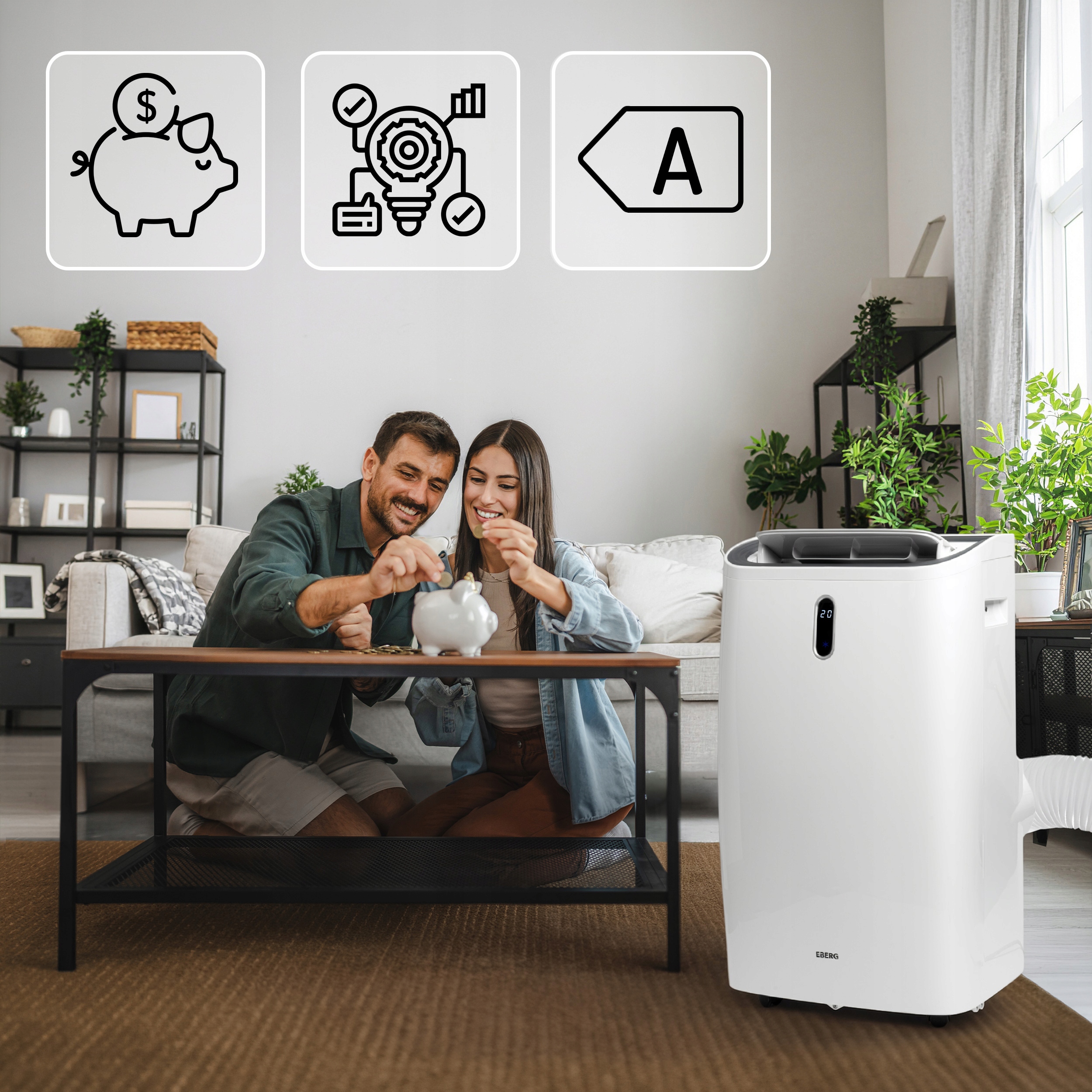 Klimatyzator przenośny EBERG VIGO 4,7kW 4w1 WiFi Osuszacz + Funkcja grzania Klasa energetyczna- chłodzenie A