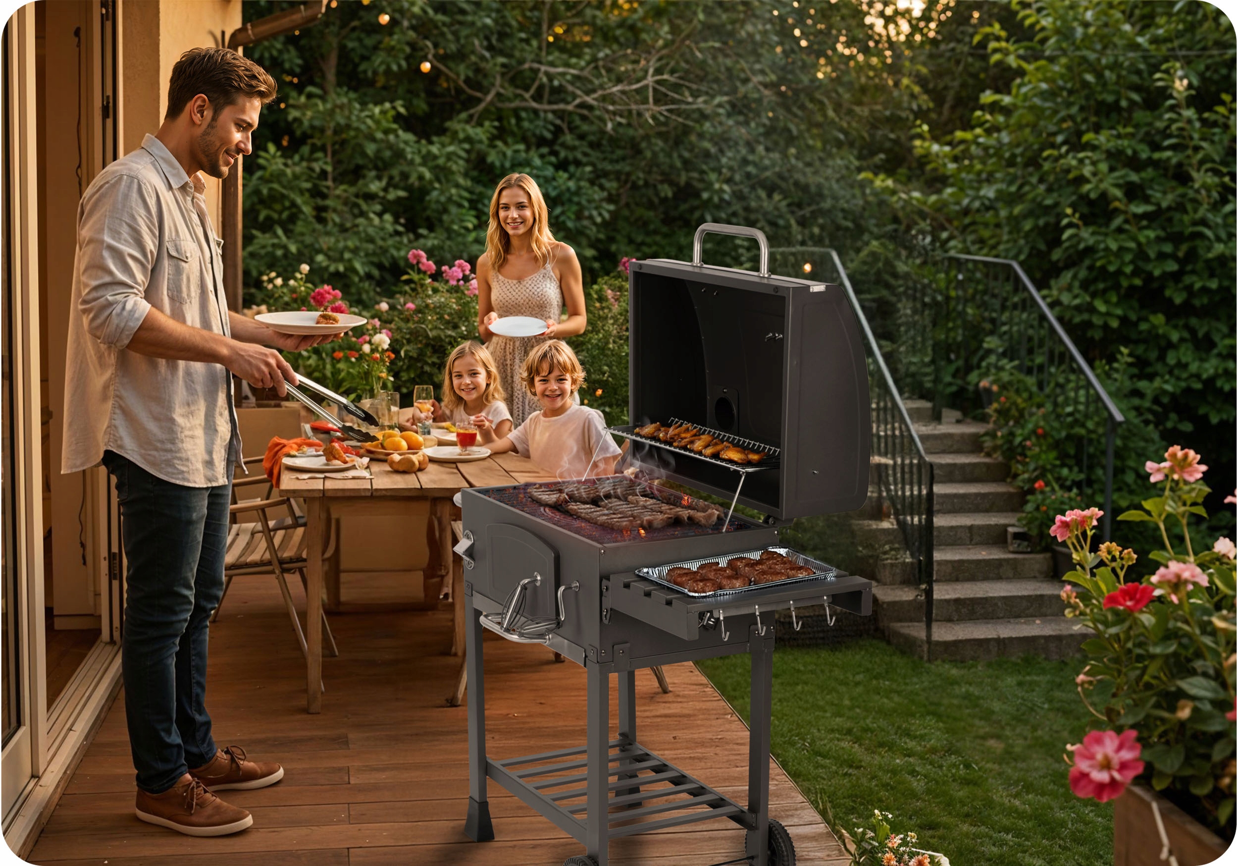 GRILL WĘGLOWY OGRODOWY KOMIN ŻELIWNY RUSZT 57 x 43cm + TERMOMETR DUŻY Długość rusztu 57 cm