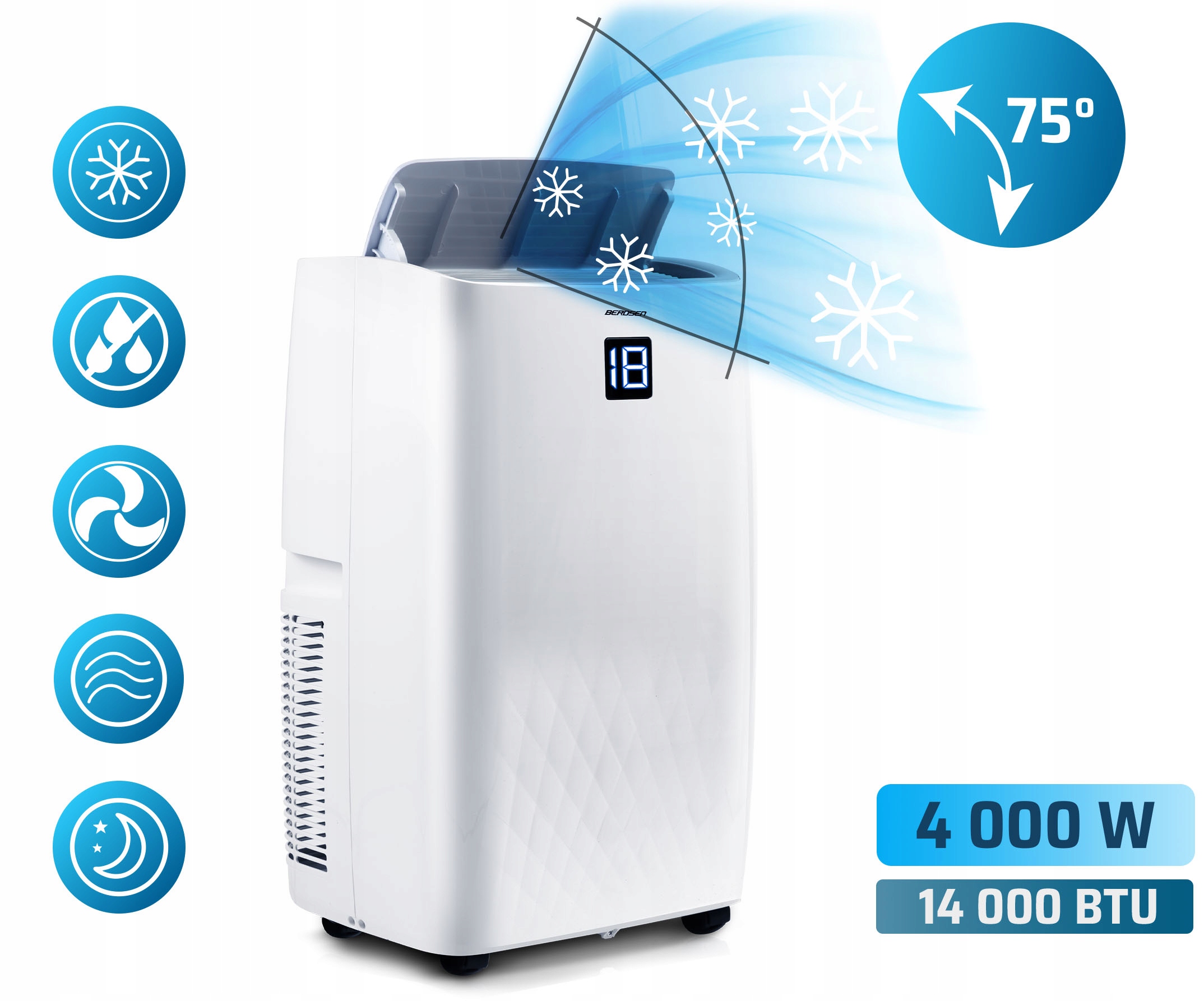 Klimatyzator przenośny Cichy z Funkcją grzania 4kW OSUSZACZ 34l/24h WiFi Marka Berdsen