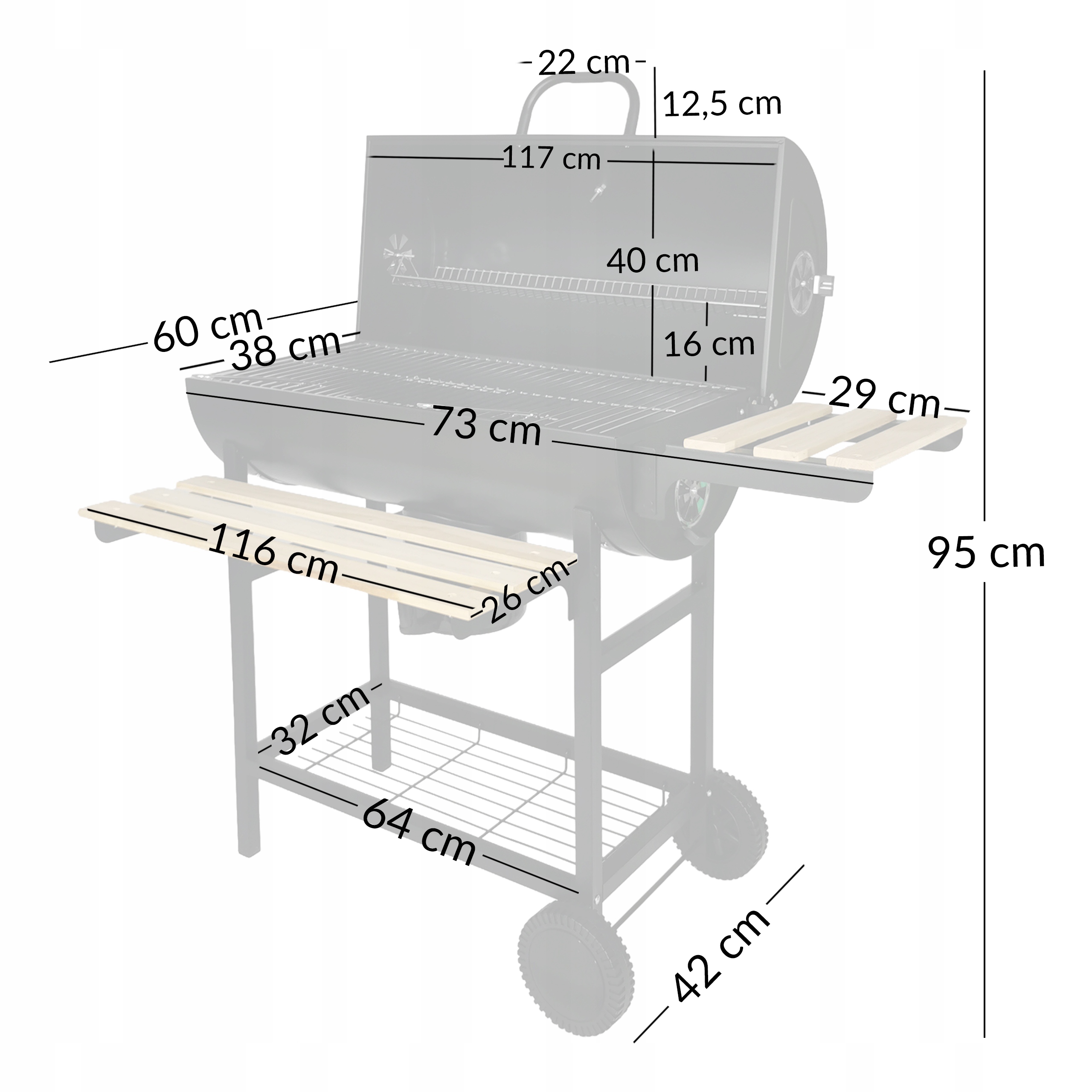 GRILL WĘGLOWY OGRODOWY 2RUSZTY KÓŁKA TERMOMETR PÓŁKI BBQ1008 Wysokość grilla 95 cm