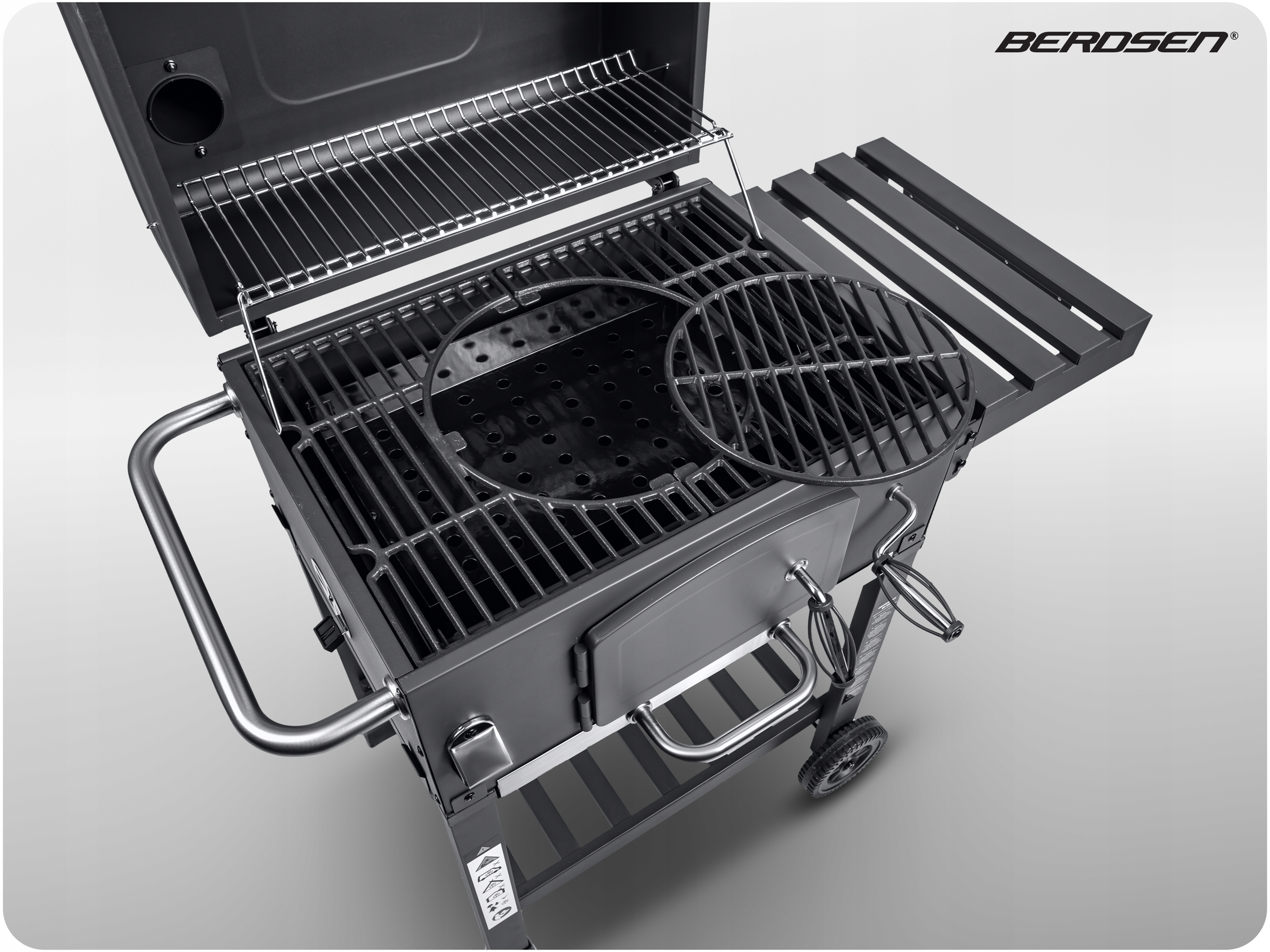 GRILL WĘGLOWY OGRODOWY KOMIN ŻELIWNY RUSZT 57 x 43cm + TERMOMETR DUŻY Producent Berdsen