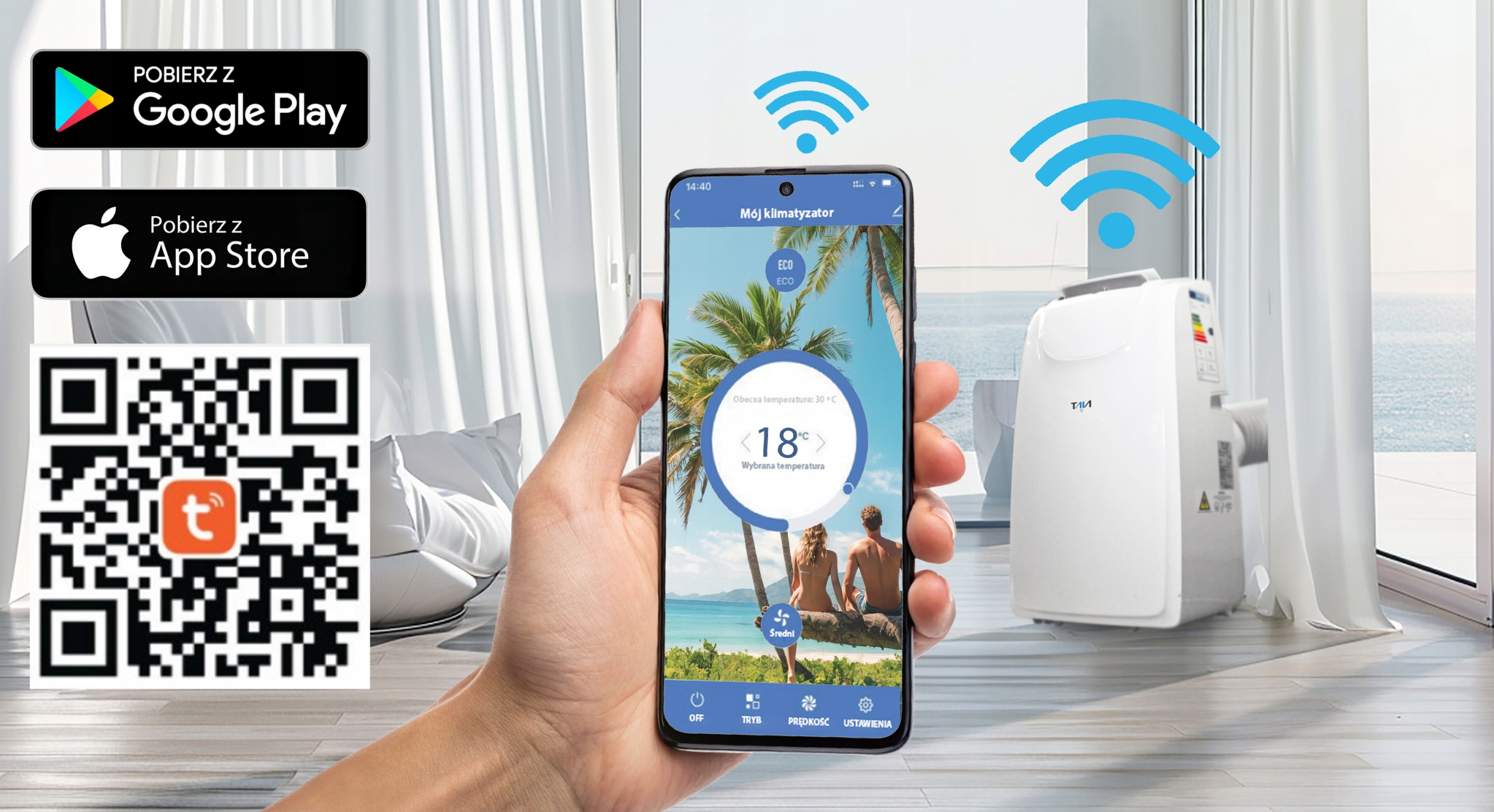 POTĘŻNY KLIMATYZATOR PRZENOŚNY WIFI 3,52 kW OSUSZACZ 58 l/h 9W1 +USZCZELKA Zakres klas efektywności energetycznej A - G