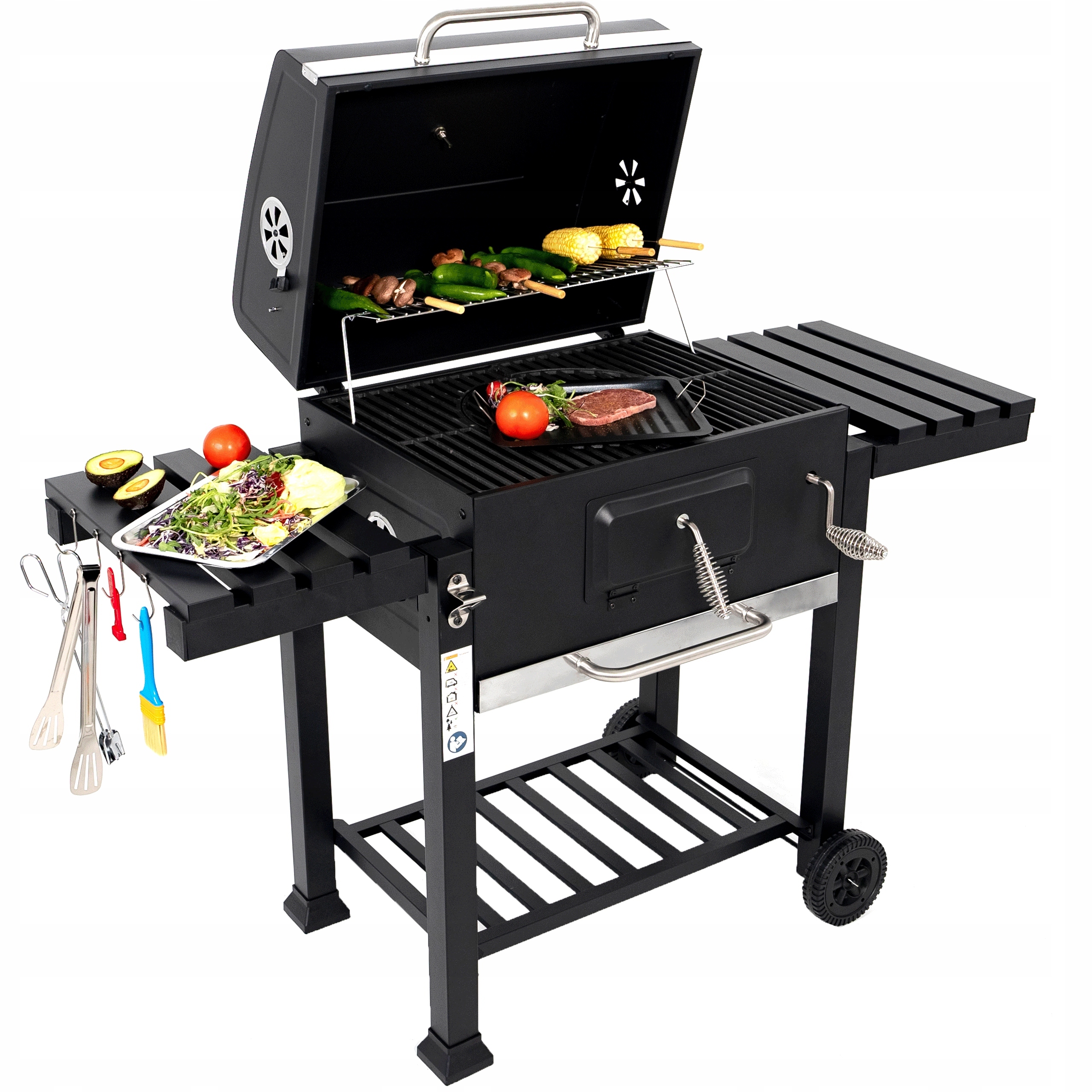 Grill Węglowy Ogrodowy Żeliwny Ruszt Duży Pokrywa Popielnik Termometr 136CM Szerokość grilla 136 cm