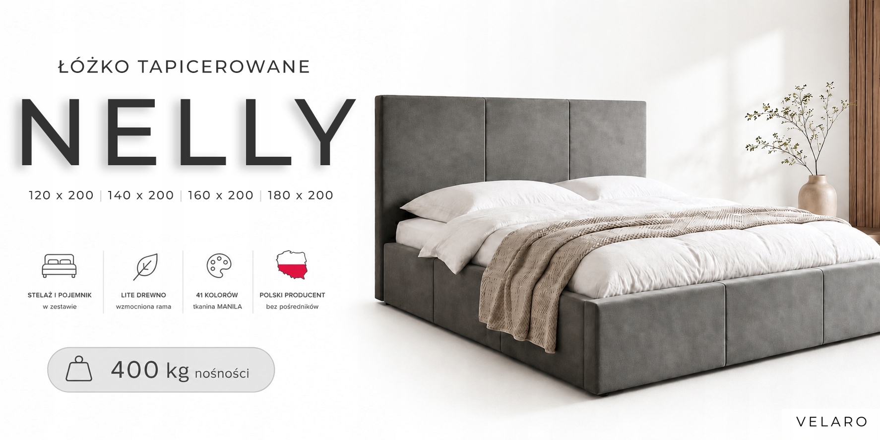 Łóżko 160x200 tapicerowane z pojemnikiem stelaż metalowy NELLY 41 kol. Marka bez marki
