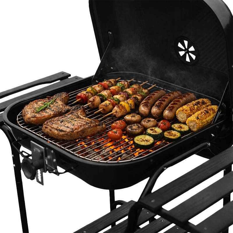 GRILL WĘGLOWY ZAMYKANY OGRODOWY DUŻY Z POKRYWĄ PÓŁKAMI REGULOWANY RUSZT Szerokość grilla 121 cm