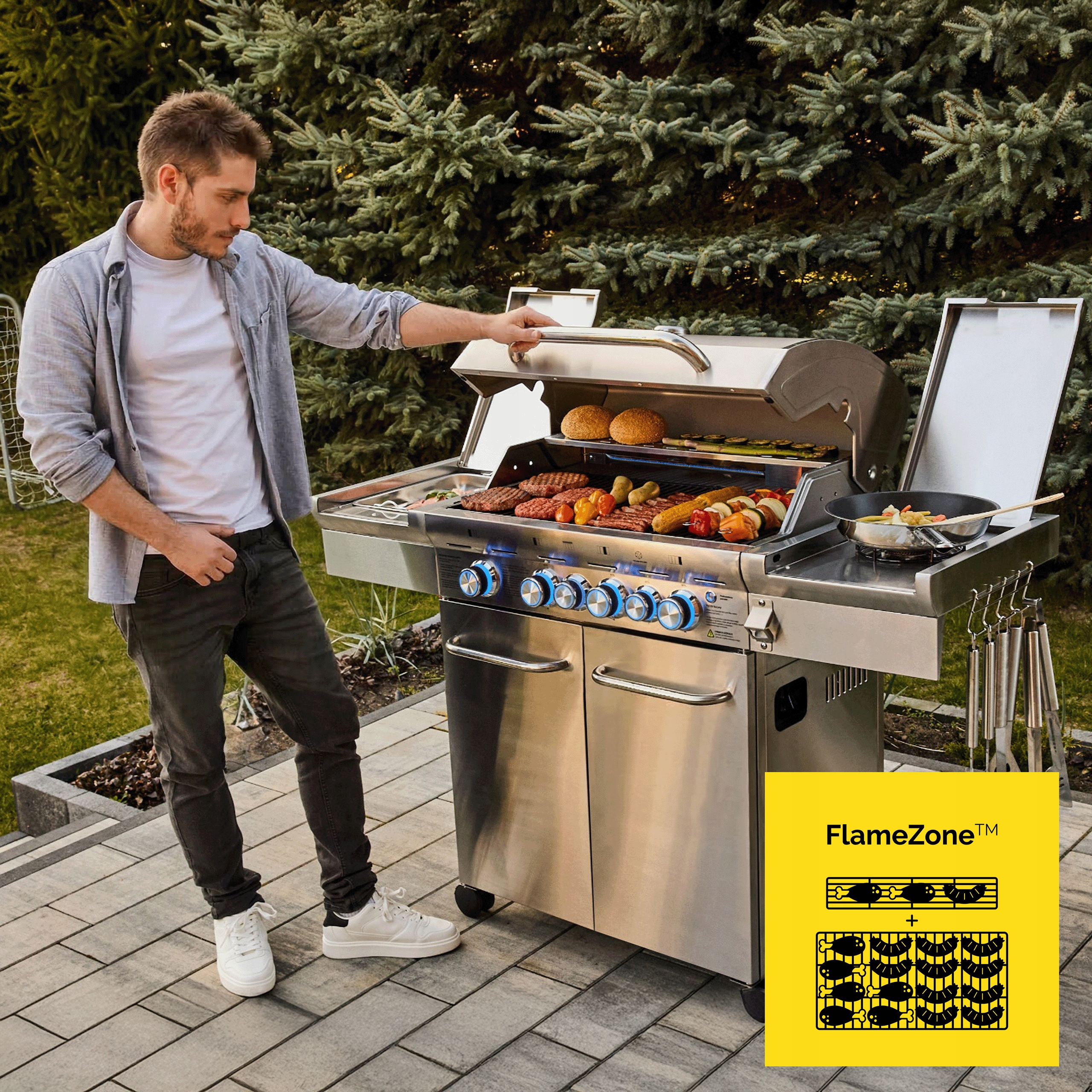 Grill gazowy Ogrodowy ŻELIWNY nierdzewny 4+2 Yoer 21,15 kW +szafka na butlę Szerokość grilla 145 cm