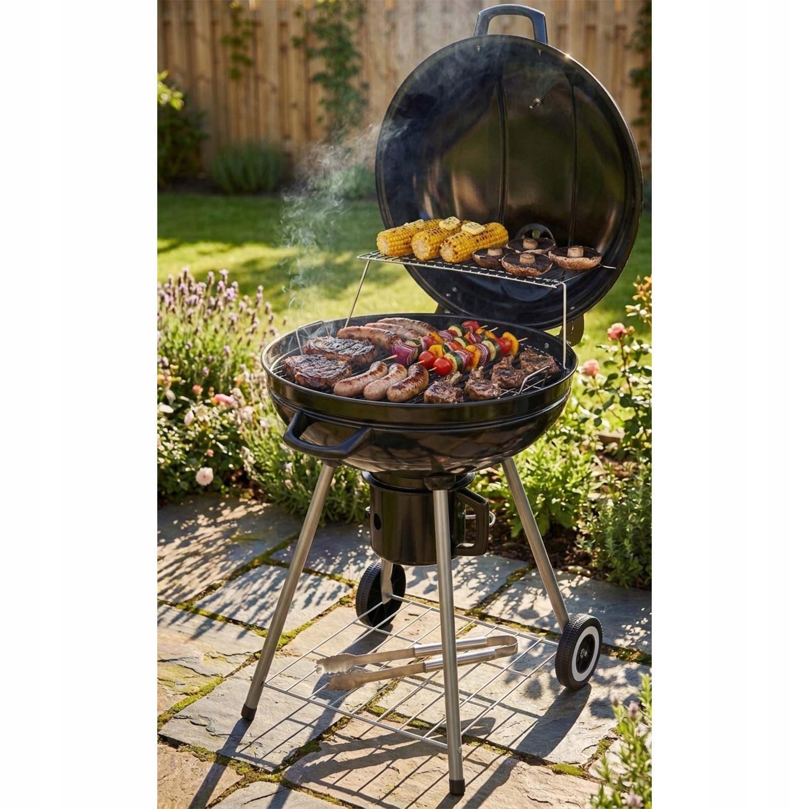 GRILL OGRODOWY WĘGLOWY OKRĄGŁY Z POKRYWĄ Z RUSZTEM TERMOMETR CZARNY LIDO Długość rusztu 55 cm
