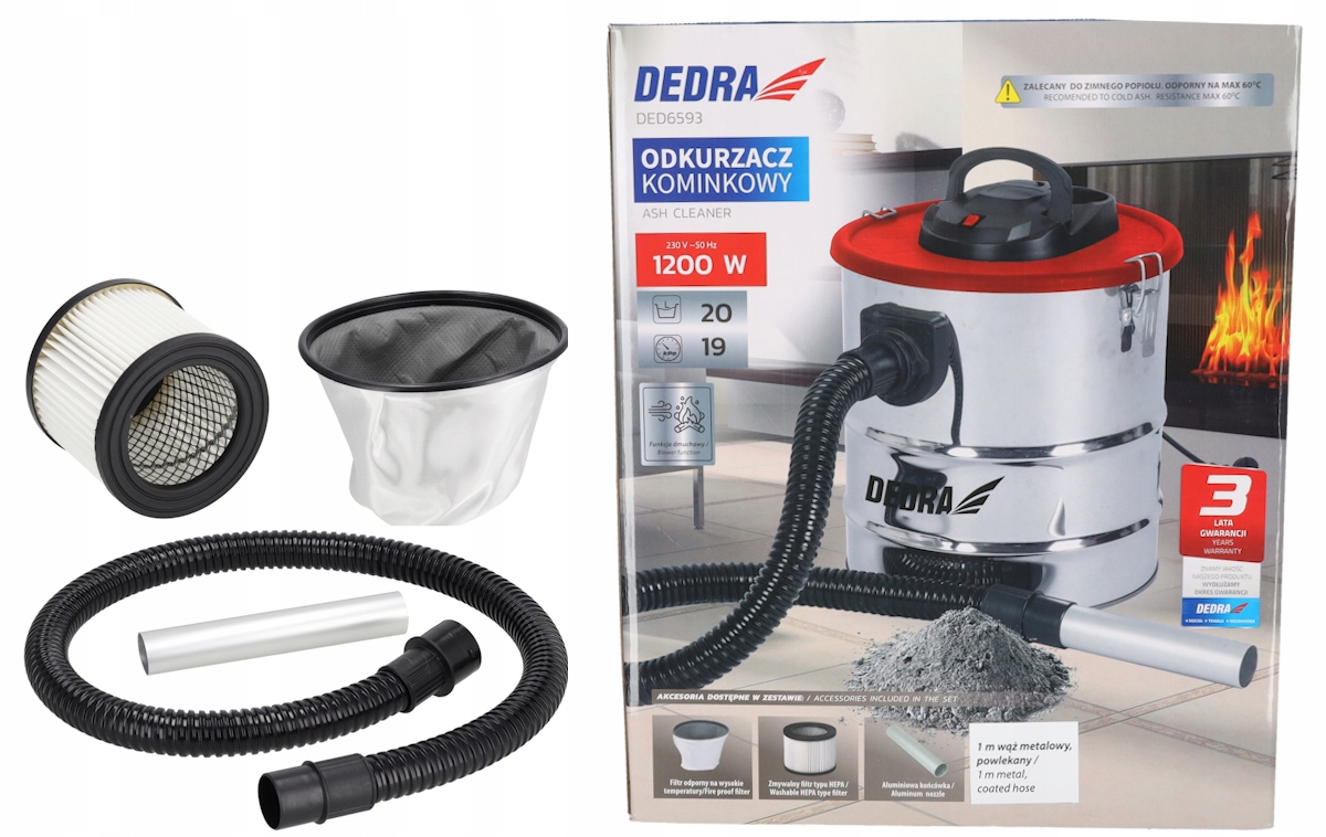 ODKURZACZ KOMINKOWY DEDRA 1200W 20L 19 kPa Separator do popiołu grilla Zasięg pracy 6 m