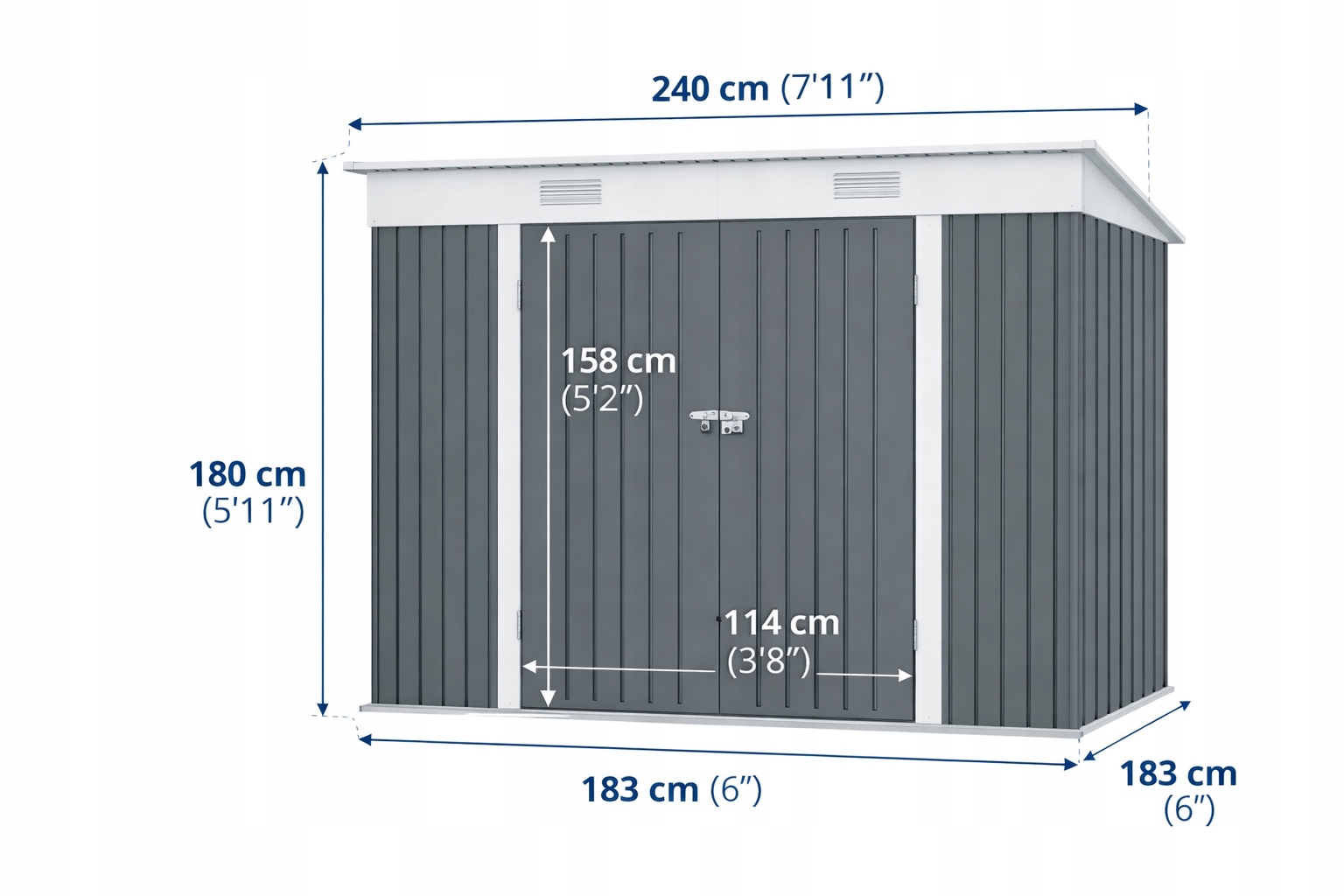 Domek ogrodowy metalowy 2,4x1,8 m Antracyt Riwall PRO RMSP 6x8 garaż szary Informacje dodatkowe Pokrycie dachu w komplecie