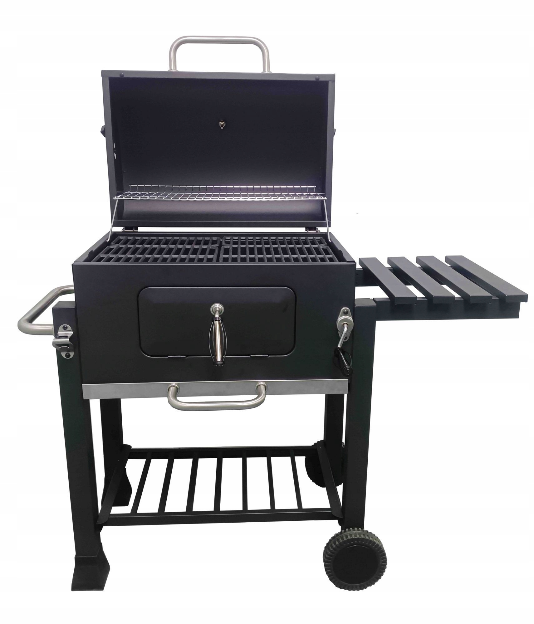 GRILL WĘGLOWY OGRODOWY DUŻY ŻELIWNY RUSZT Z POKRYWĄ TERMOMETR POPIELNIK Szerokość grilla 113.5 cm