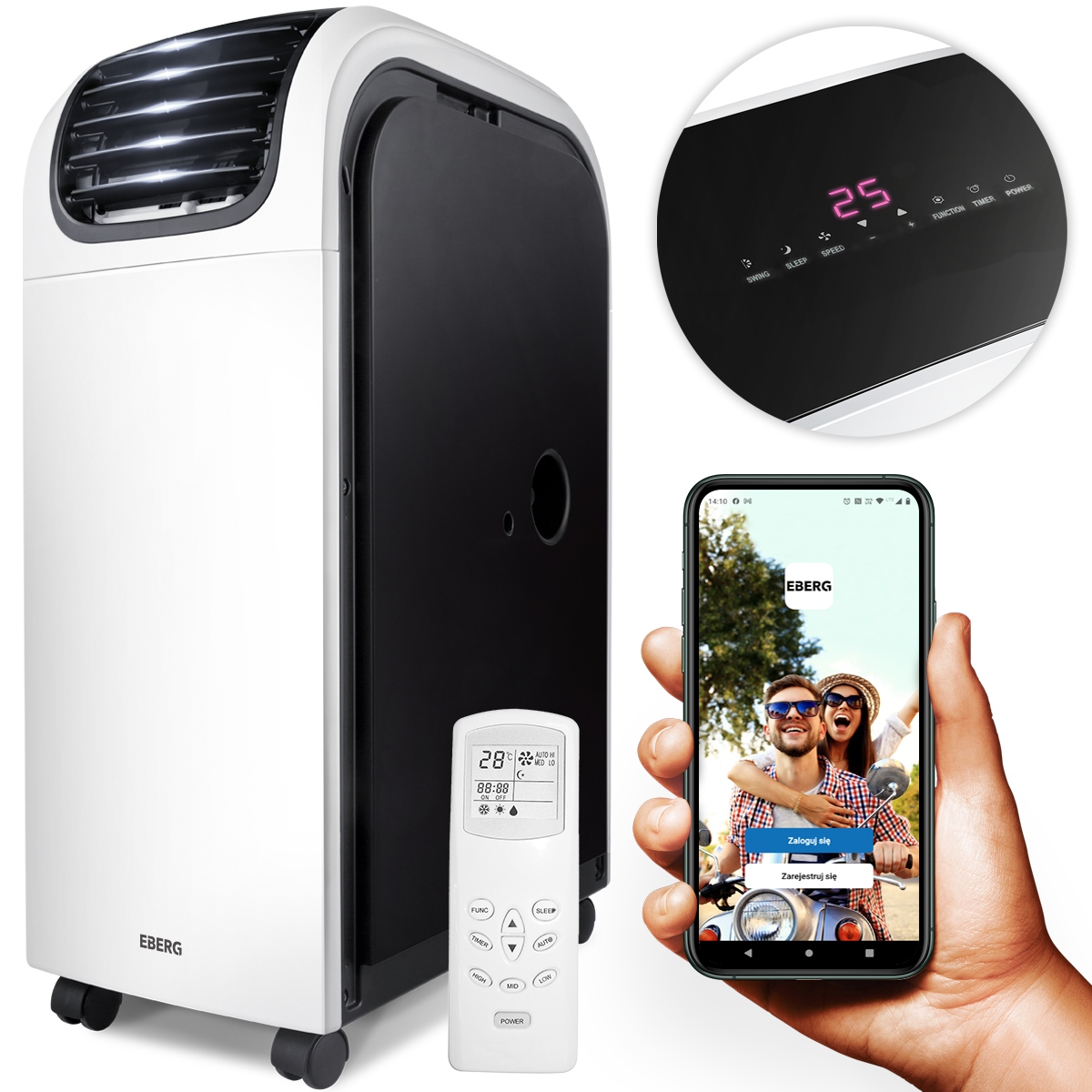 Klimatyzator przenośny 4w1 EBERG QUBO 4kW Osusza 70l/24h+WiFi +Pompa ciepła Funkcje chłodzenie grzanie osuszanie wentylacja