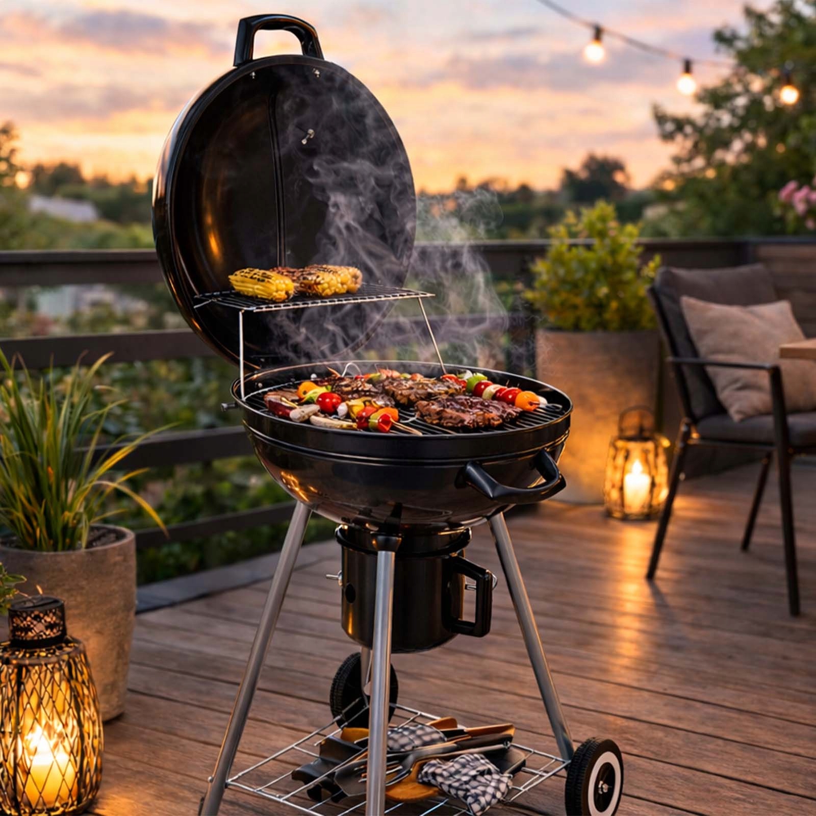GRILL OGRODOWY WĘGLOWY OKRĄGŁY Z POKRYWĄ Z RUSZTEM TERMOMETR CZARNY LIDO Kod producenta LIDO