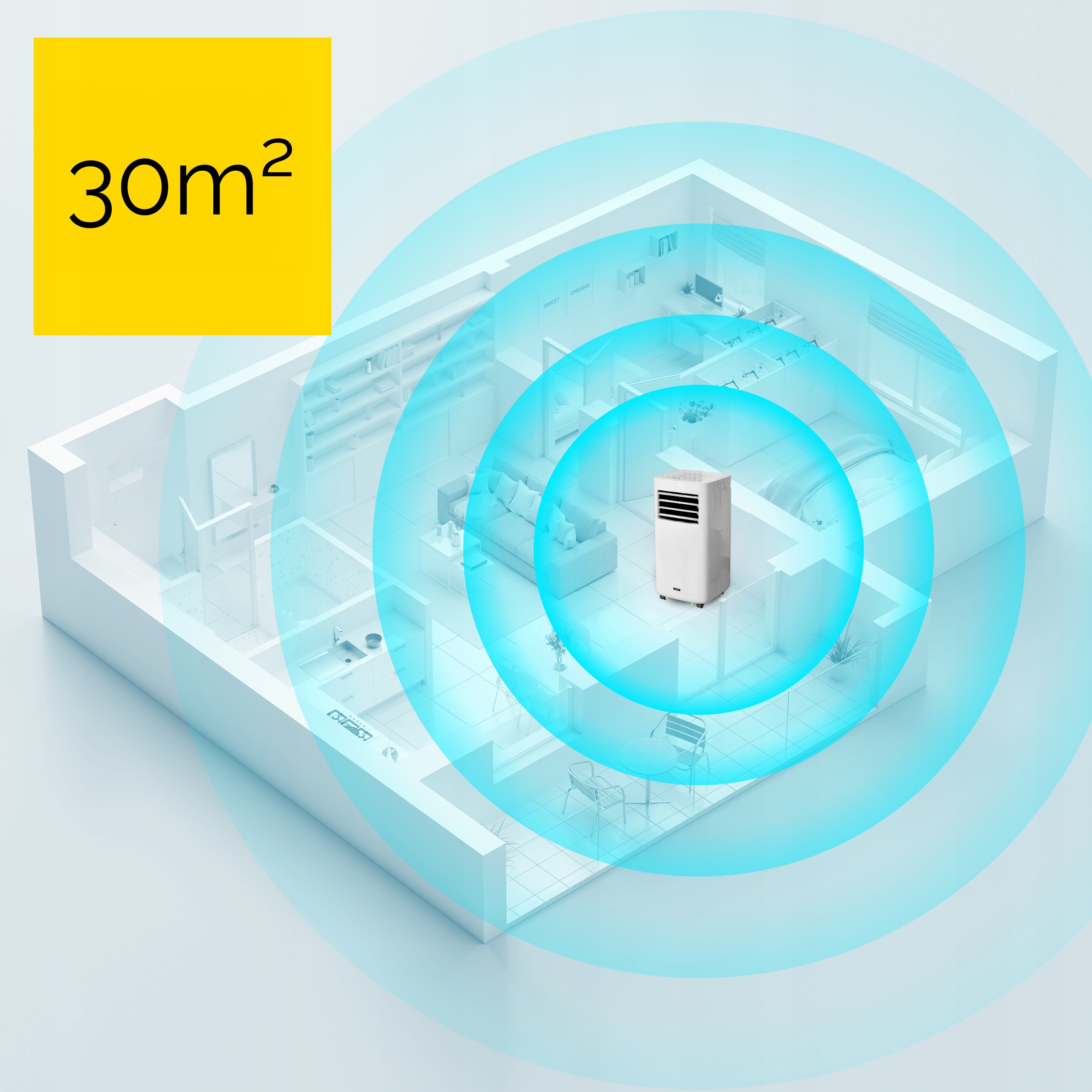 Klimatyzator przenośny Cichy Mały 3kW 30m2 Yoer Osuszacz WiFi +Pompa ciepła Moc chłodzenia 2930 W